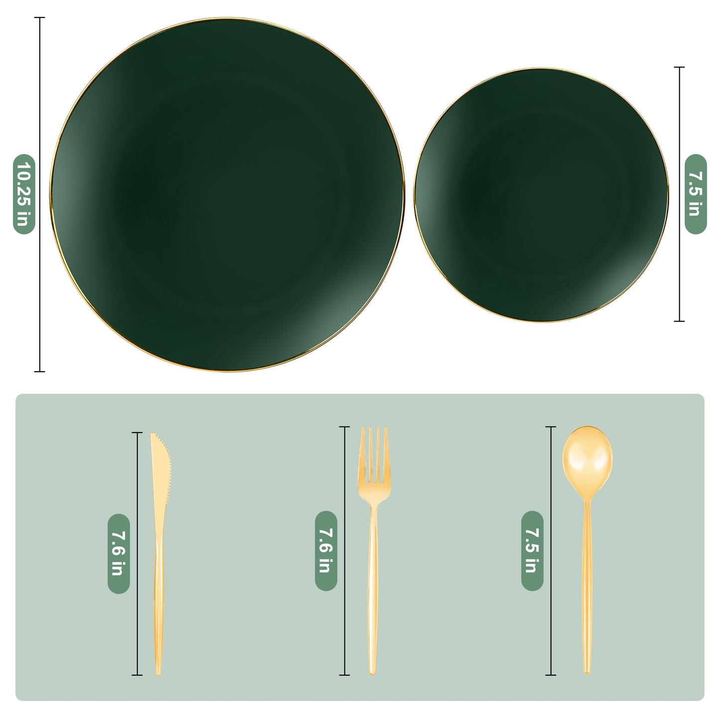 I00000 150Pcs Green Plastic Plates with Gold Rim, Fancy Disposable Plates,Green Plates Set include 30 Dinner Plate,30 Dessert Plate, 90 Plastic Silverware Set for Wedding&Party