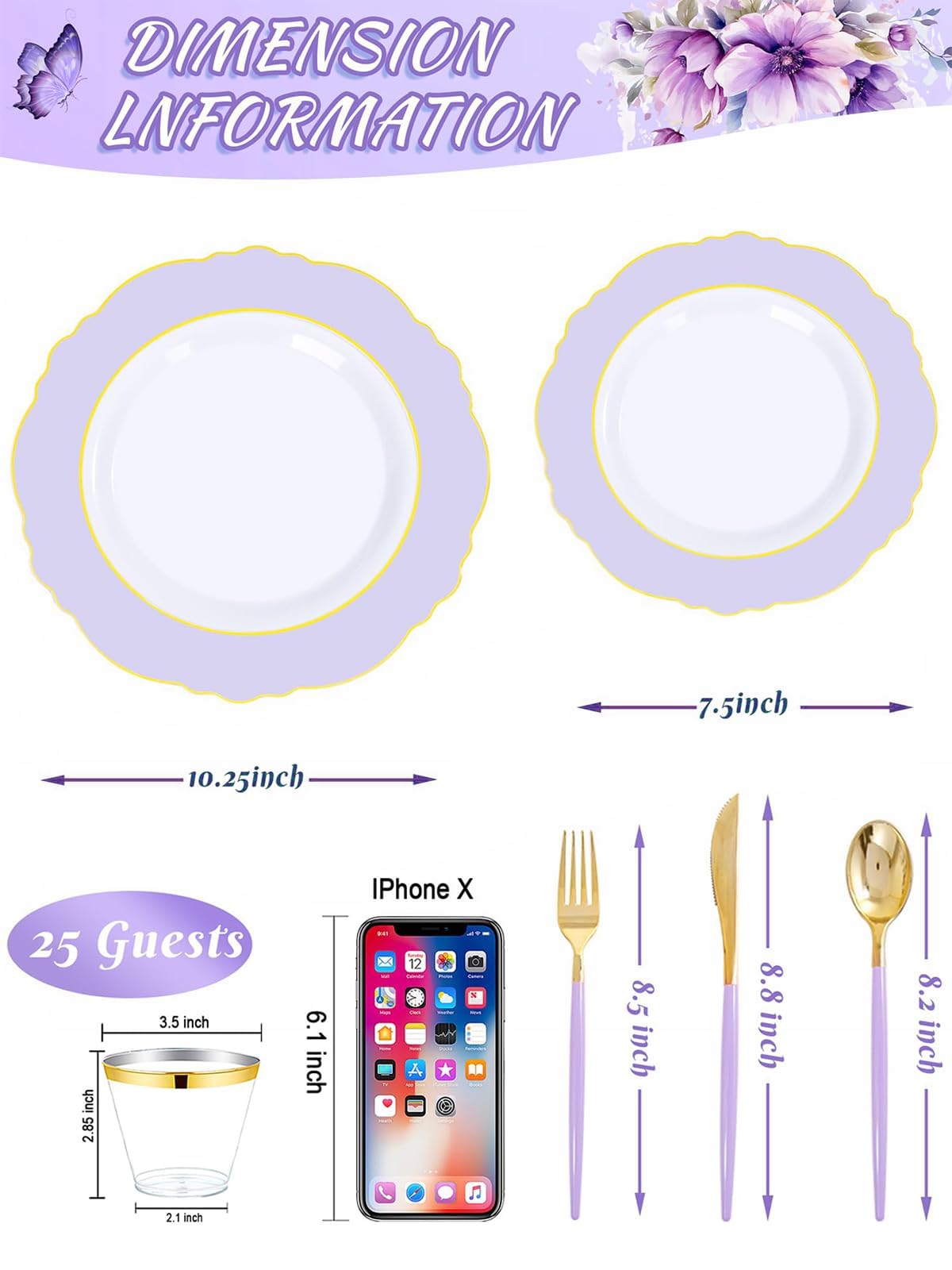 WDF 150Pcs Purple Plates Disposable - Baroque Lavender Purple and Gold Plates - 25Guest Plastic Dinnerware Ideal for Wedding/Party/Birthday/Bridal Shower