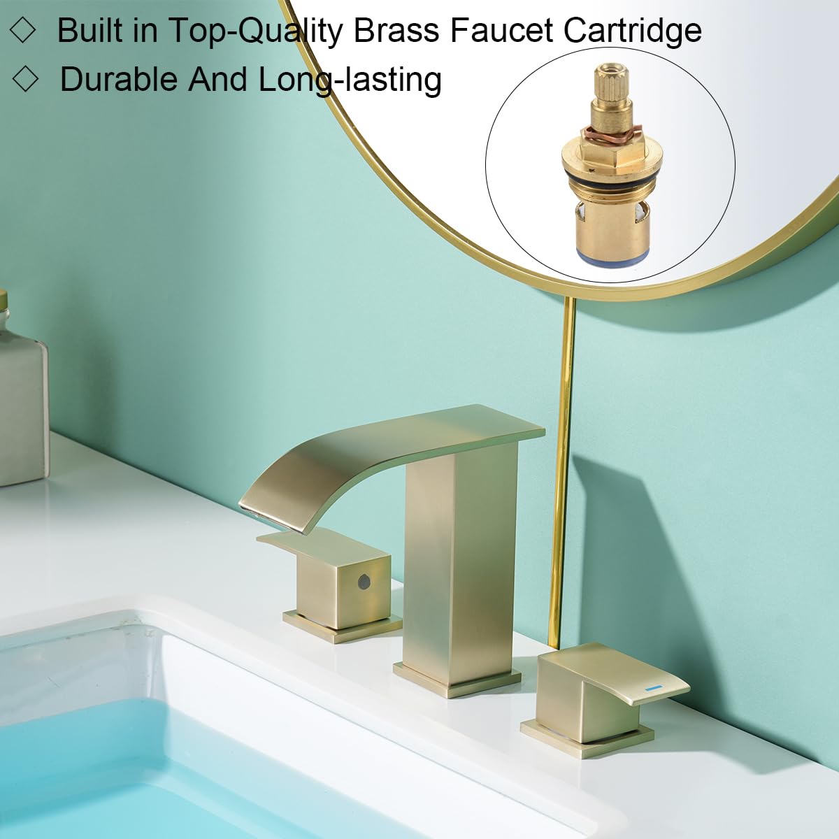 RANDOM Waterfall Bathroom Sink Faucet Brushed Gold 2 Handles 3 Holes SUS304 Stainless Steel Modern Vanity Faucet with Pop up Sink Drain Stopper and cUPC Water Supply Hoses