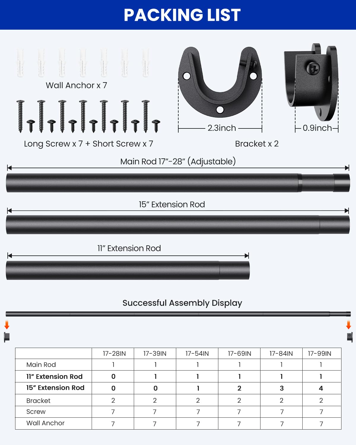 Supforce 2 PACK Closet Rods for Hanging Clothes, 17 to 84 Inches Stepless Adjustable Metal Closet Rod, 1.3 Inches Heavy Duty Clothes Hanging Rod for Closet Wardrobes Laundry RV, Black