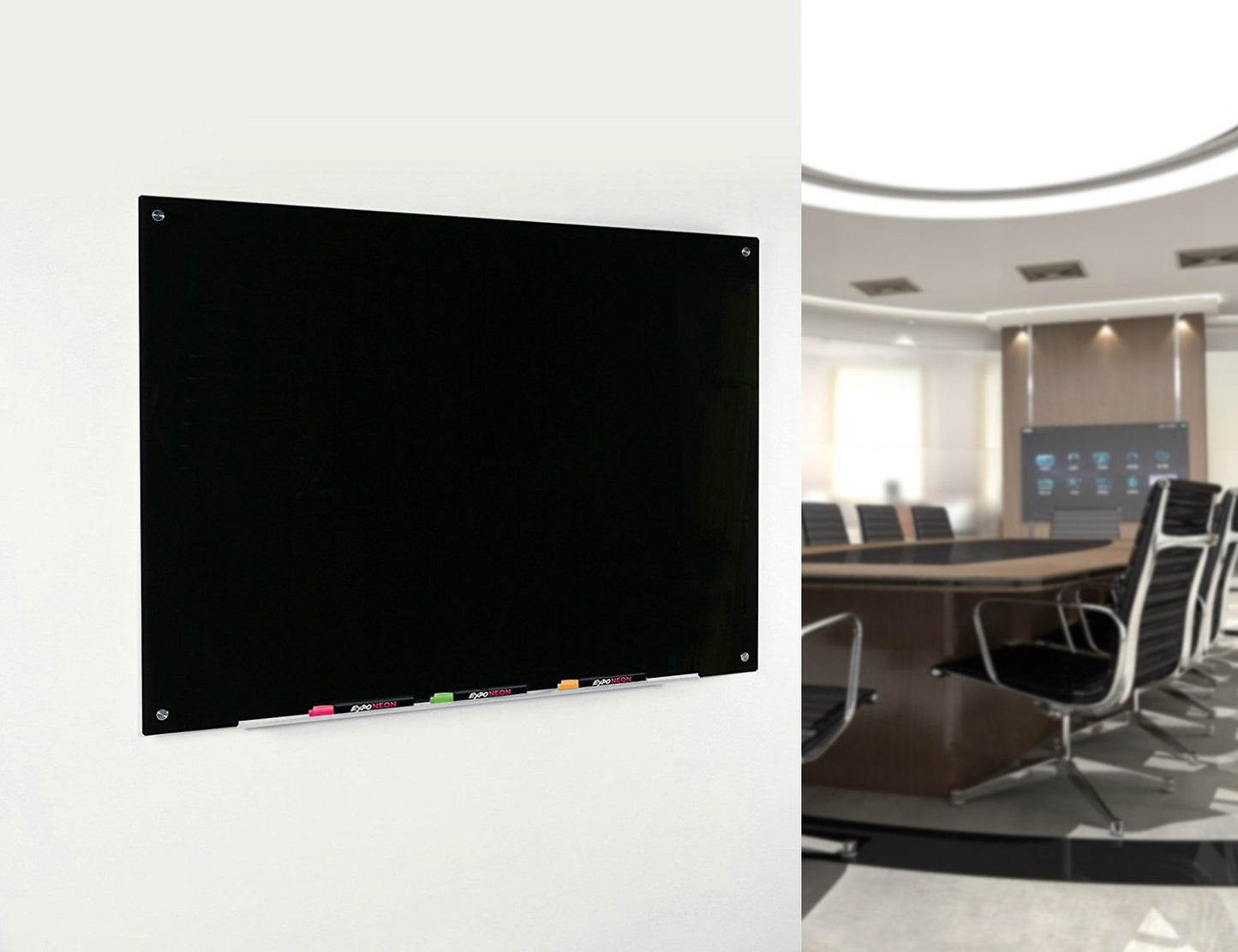 Audio-Visual Direct Magnetic Black Glass Dry-Erase Board Set - 3' x 2' - Includes Magnets, Hardware & Marker Tray