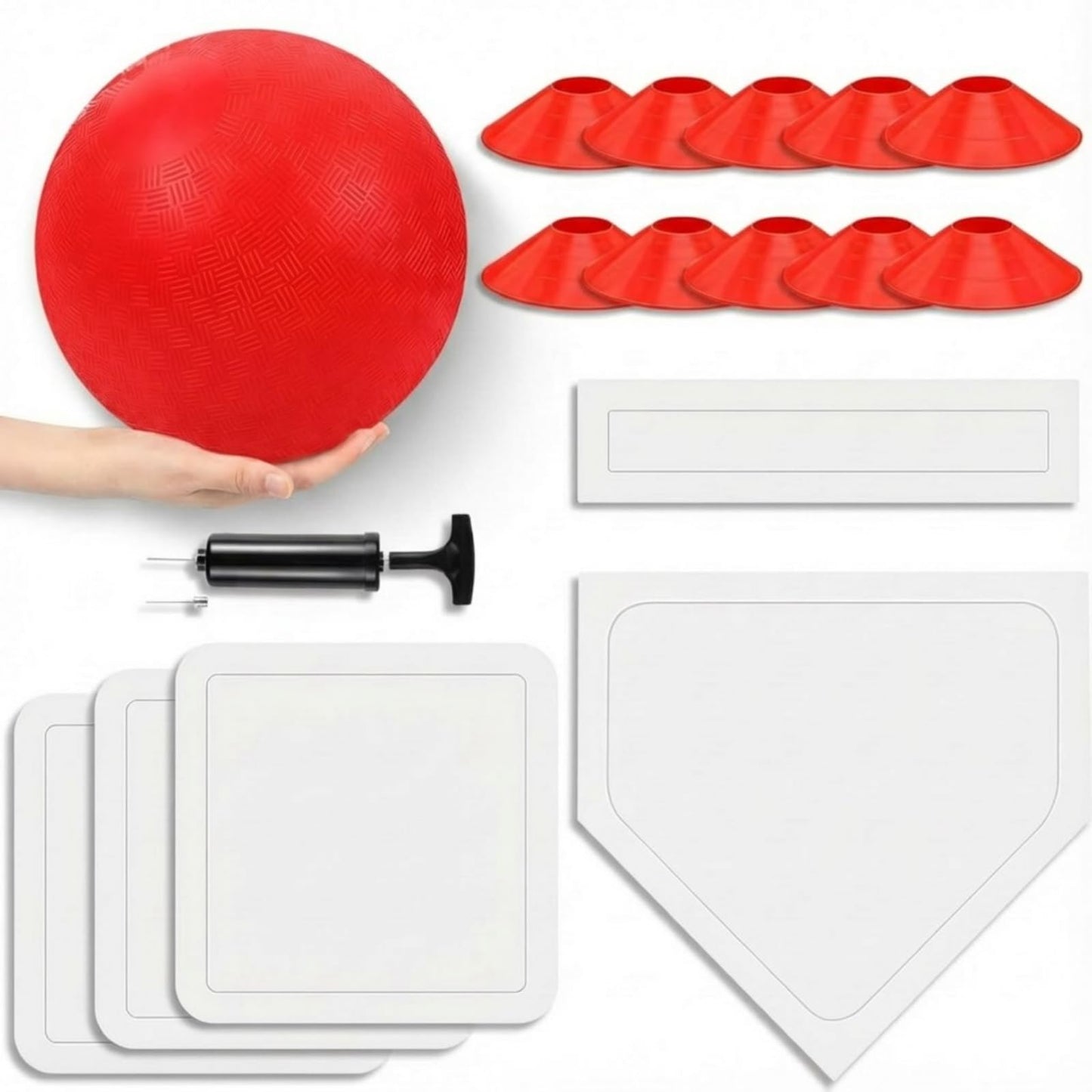 Hiboom 16 Pcs Sports Kickball Set Includes 10 Inches Playground Ball 5 Rubber Throw Down Bases Ball Pump 10 Foul Line Cones for Kids Adults Playground School Backyard Game Camps Picnic (White)
