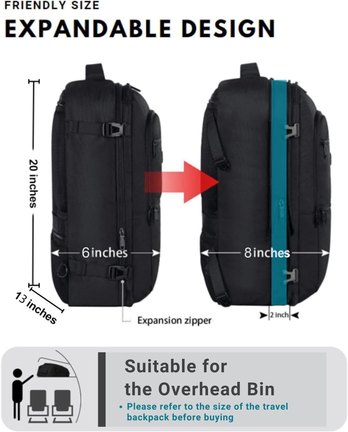 Vancropak Carry On Backpack, 40L Expandable Extra Large Travel Backpack, Flight Approved Water Resistant Luggage Suitcase Daypack, Lightweight College Business Weekender Bag for Men & Women, Black