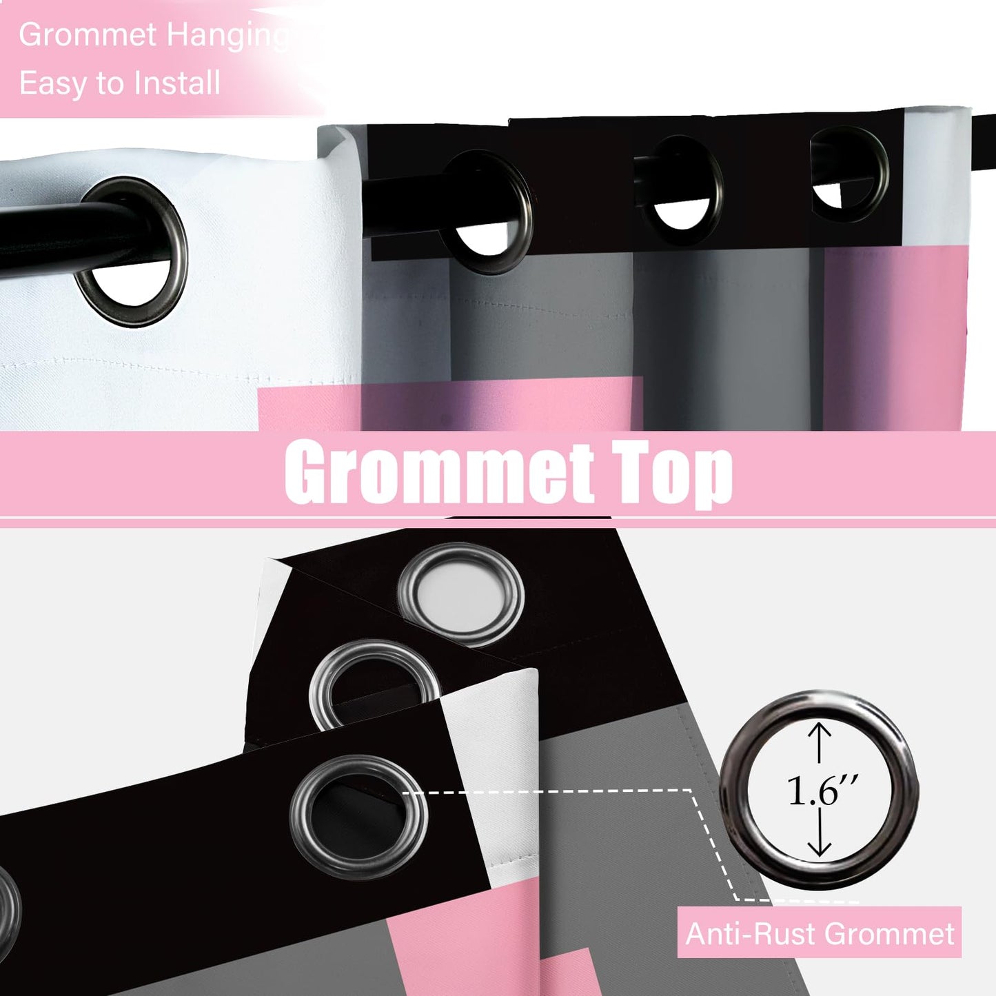 Tyrot Pink 100% Blackout Curtains for Bedroom 84 inch Length 2 Panels Set White Grey Modern Abstract Geometric Black Out Curtains Insulated Room Darkening Window Drapes for Girls Living Room, 52Wx84L