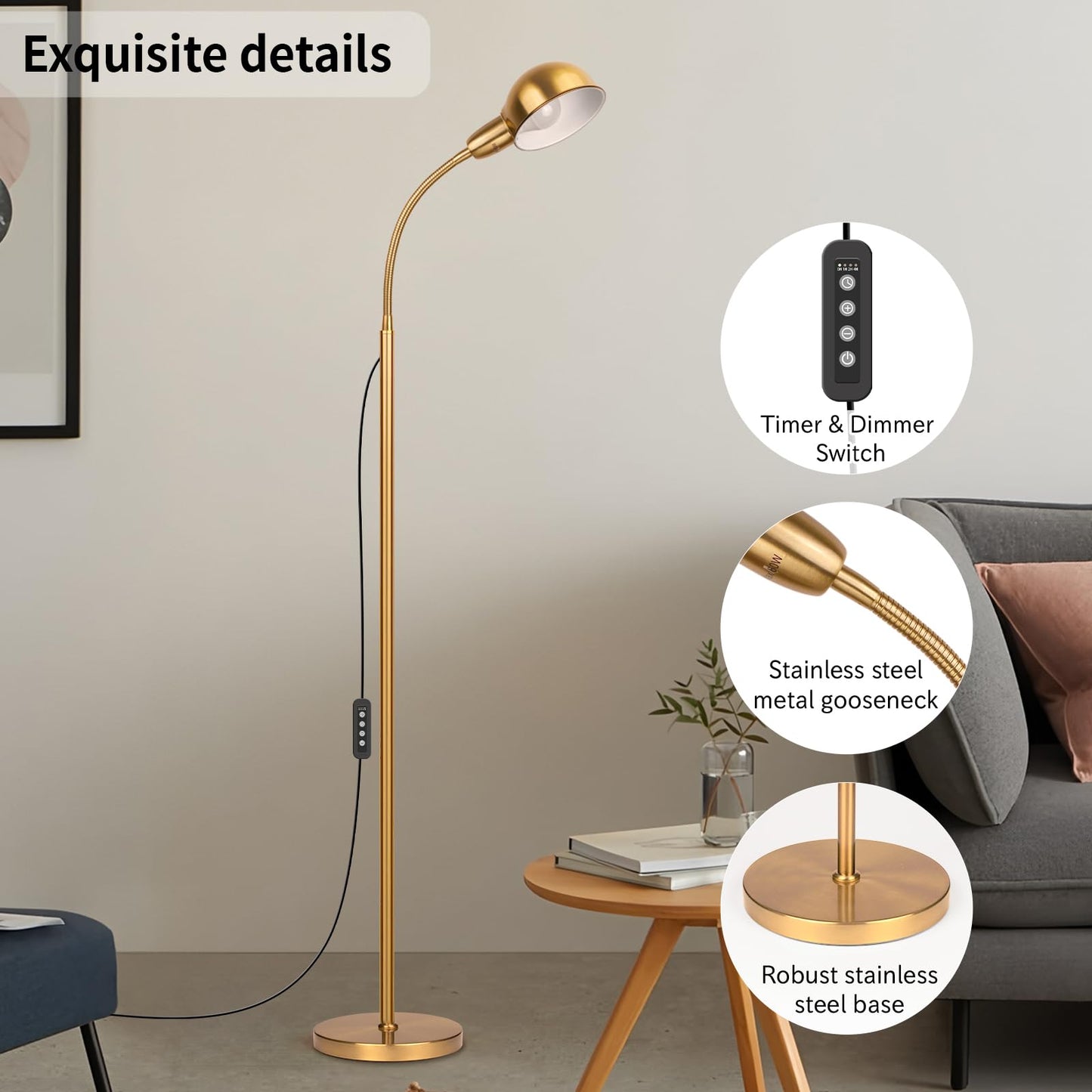 Ruiever Gold Floor Lamp with Flexible Gooseneck and Rotatable Shade，Standing Lamp Include Dimmer LED Bulb，Ideal Tall Lamp with Dimmer and Timer Switch for Reading,Bedside and Living Room (Gold)