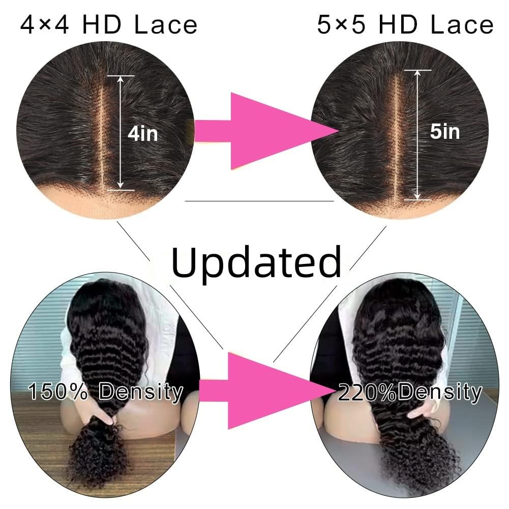 snv 5x5 HD Lace Closure Wigs Human Hair 220 Density Upgraded Tiny Knots Real Pre Bleached Glueless Wigs Human Hair Ready to Wear Deep Wave Closure Wig 24inch Curly Wigs for Black Women