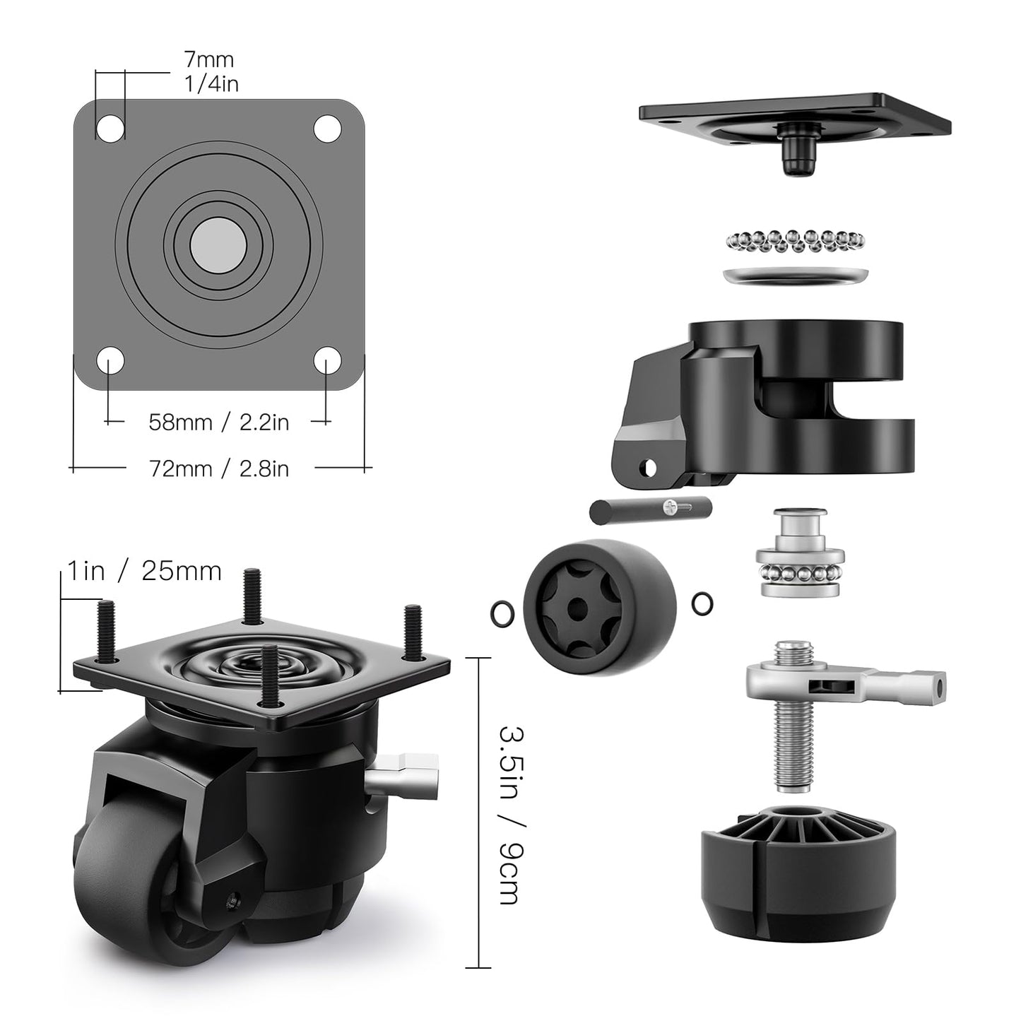 ANDUTEES 4 Pack Leveling Casters, Adjustable Heavy Duty Casters Set of 4, Swivel Plate Industrial Retractable Caster Wheels for Workbench,Machine, Equipment, Shelves (60F, 2200 Lbs Capacity, Black)