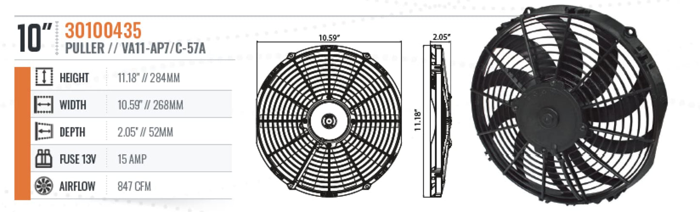 SPAL 30100435 10'' Low-Profile Radiator Puller Fan Curved Blades 12 Volt 847 cfm VA11-AP7/C-57A Cooling for Radiators, Oil Coolers, and Compact Applications