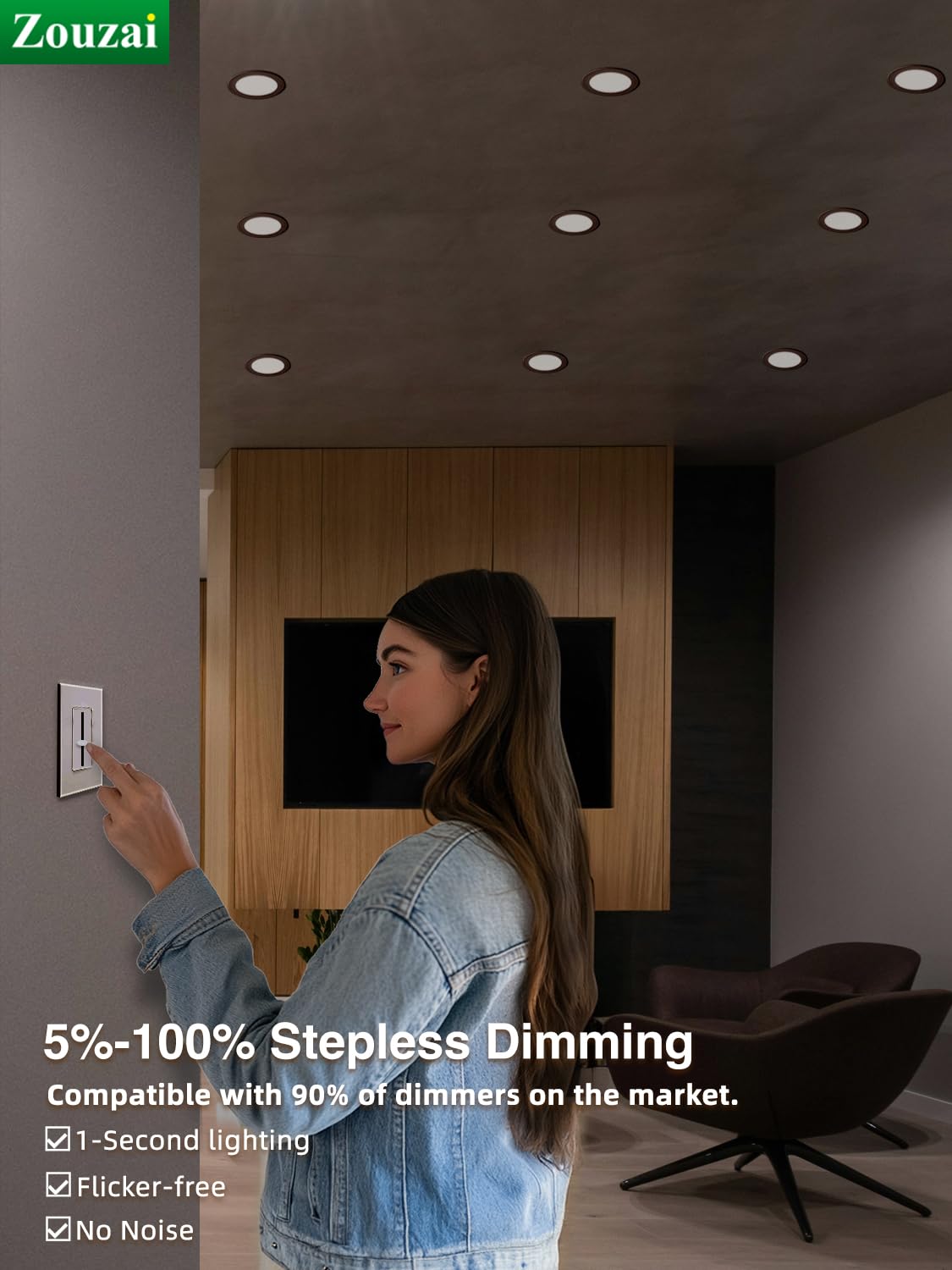 zouzai 6 Pack 6 Inch Black 5CCT Ultra-Thin LED Recessed Ceiling Light with Junction Box 2700K/3000K/3500K/4000K/5000K Selectable, 12W Dimmable, led can Lights ETL and Energy Star Certified