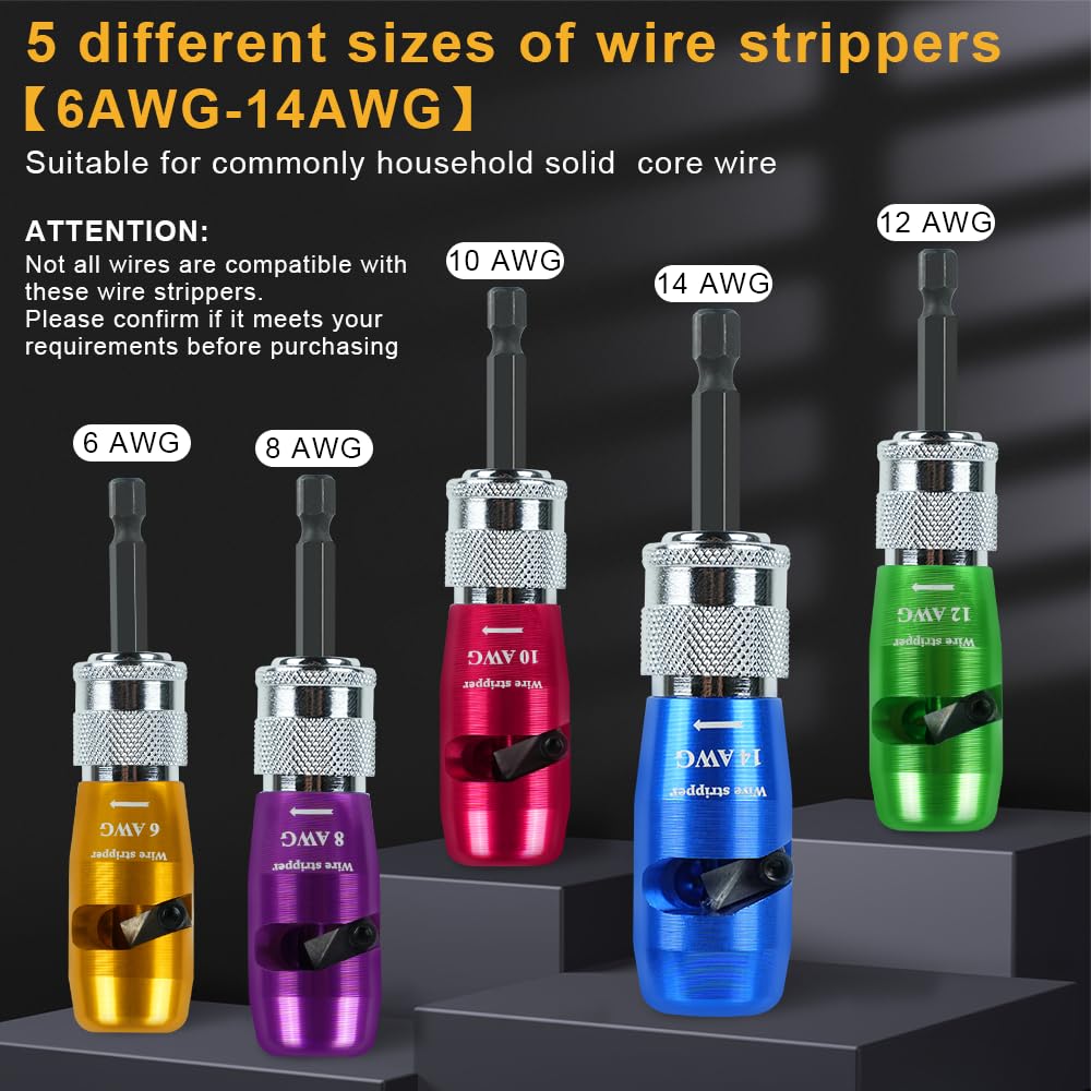 2025 Upgraded Wire Stripper for Drill (14-12-10-8-6 AWG) - Electric Universal Wire Stripper Tool for Drill, Includes 5 Pcs Wire Strippers, 2 Pcs Wire Twisters, 5 Pcs Wire Nuts，3 Connector And a Buckle