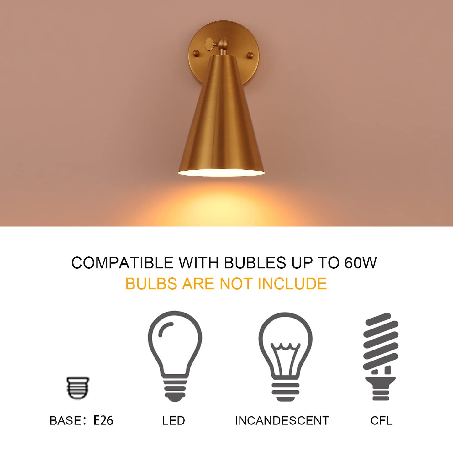 MWZ Gold Sconces Set of 2, Modern Brass Wall Sconces Lighting Fixtures with Metal Shade, Indoor Decor Wall Mount Swing Arm Lamp for Bedroom,Bedside,Kitchen,Hallway,Living Room,Reading,Bar