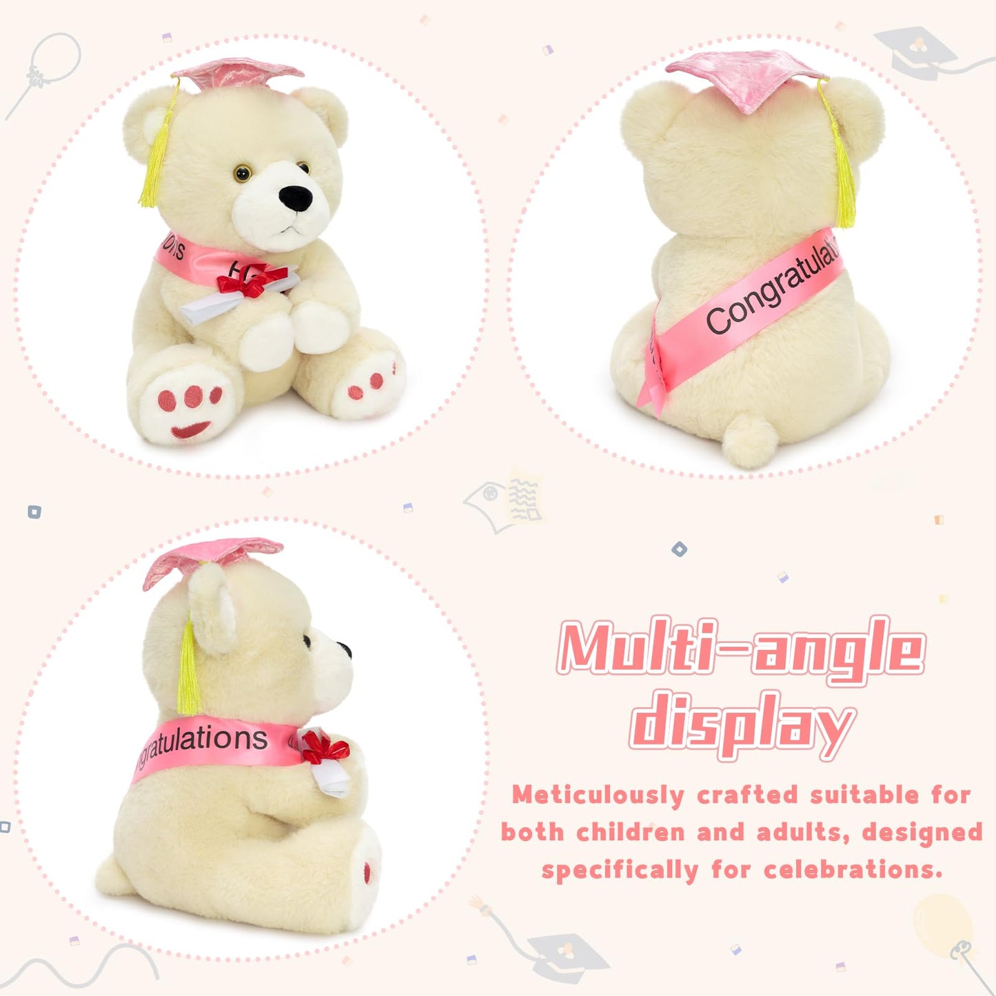 MorisMos Graduation Teddy Bear Stuffed Animal 2026, 12inch Graduation Bear Plush with Cap, Diploma and Congrats Sash, Graduation Gift for Graduates Kindergarten Middle School College, Beige, Pink