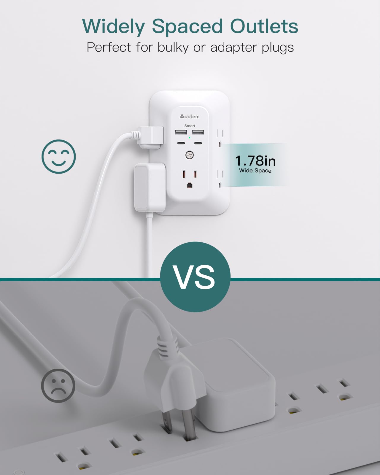 Outlet Extender Surge Protector - Addtam 5-Outlet Splitter with 4 USB Wall Charger(PD 30W), Multi Plug Wall Outlet Power Strip for Home, Dorm Room Essentials