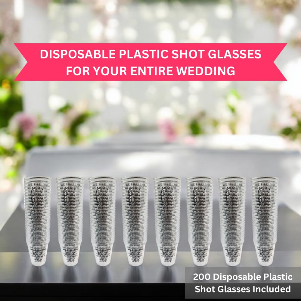 Cloverjoyed Disposable Plastic Wedding Shot Glasses, 200 Pack, 'We Tied the Knot Now Take a Shot' with Ring Design, Perfect for Weddings, Bridal Showers, Engagement Parties