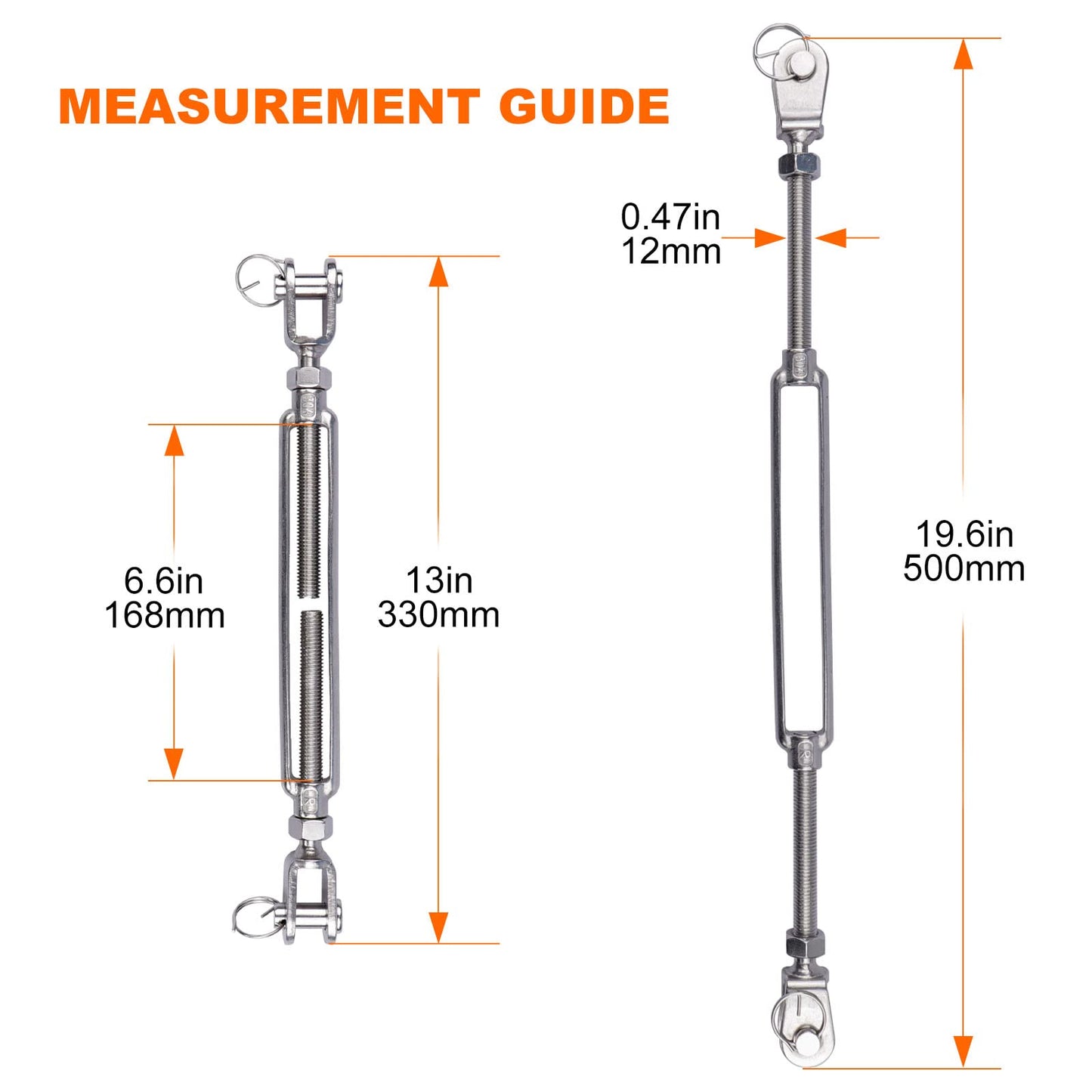 LordHardware Stainless Steel 1/2 x 6.5 Inch M12 Jaw and Jaw Turnbuckles for Tensioning Cable Rope Chain 2200 lbs Load (4P)