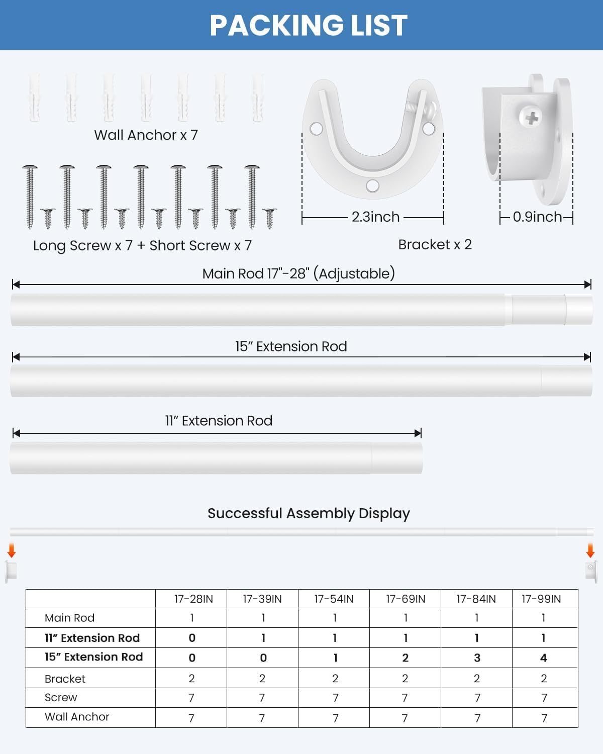 Supforce 2 PACK Closet Rods for Hanging Clothes, 17 to 69 Inches Stepless Adjustable Metal Closet Rod, 1.3 Inches Heavy Duty Clothes Hanging Rod for Closet Wardrobes Laundry RV, White