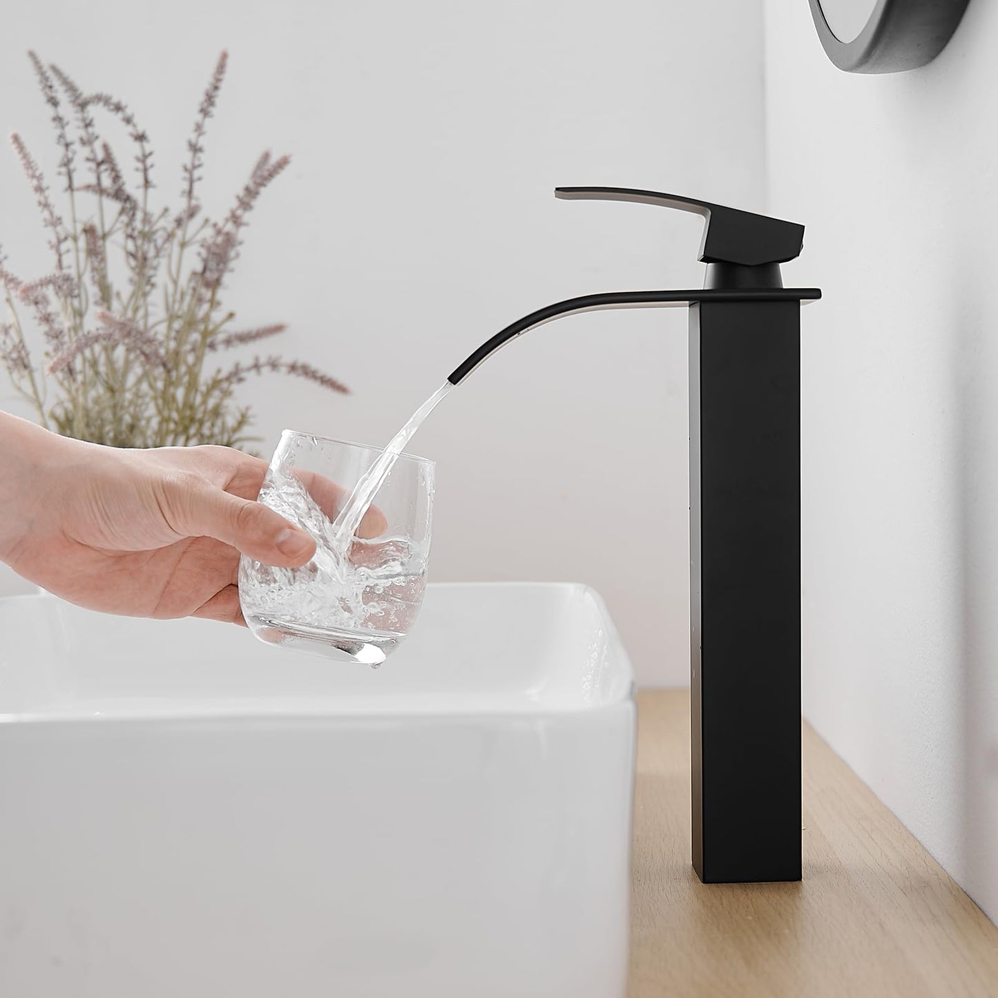 RUMOSE Tall Matte Black Bathroom Faucet with Pop Up Drain Modern Single Handle One Hole Bathroom Vessel Sink Faucet Waterfall Spout Rv Lavatory Vanity Faucet Deck Mount Mixer Tap, Stainless Steel