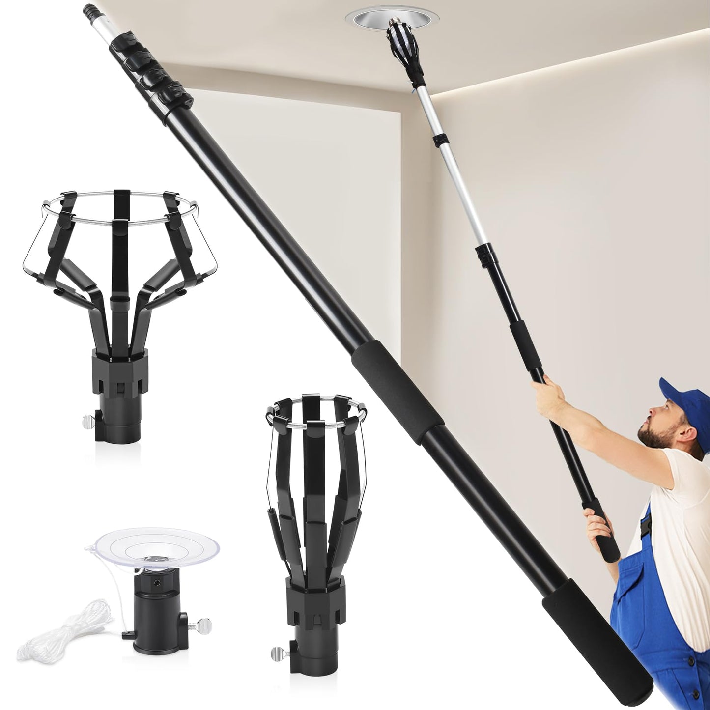 GADFISH 26FT Reach Light Bulb Changer for High Ceilings, 5-20FT Extension Pole, High Ceiling Light Bulb Changer Pole with Baskets and Suction Cup for High Ceilings and Recessed Lights
