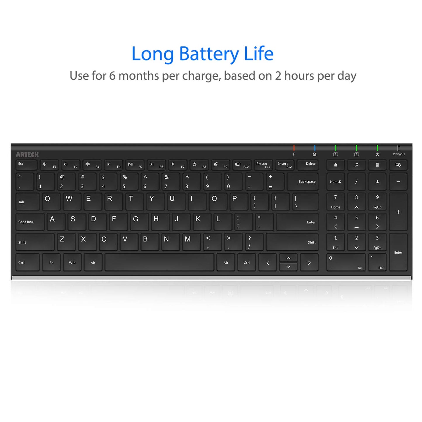 Arteck USB Wireless Keyboard Stainless Steel Ultra Slim Keyboard with Numeric Keypad for Computer/PC/Laptop and Windows 11/10/8 Rechargeable Battery