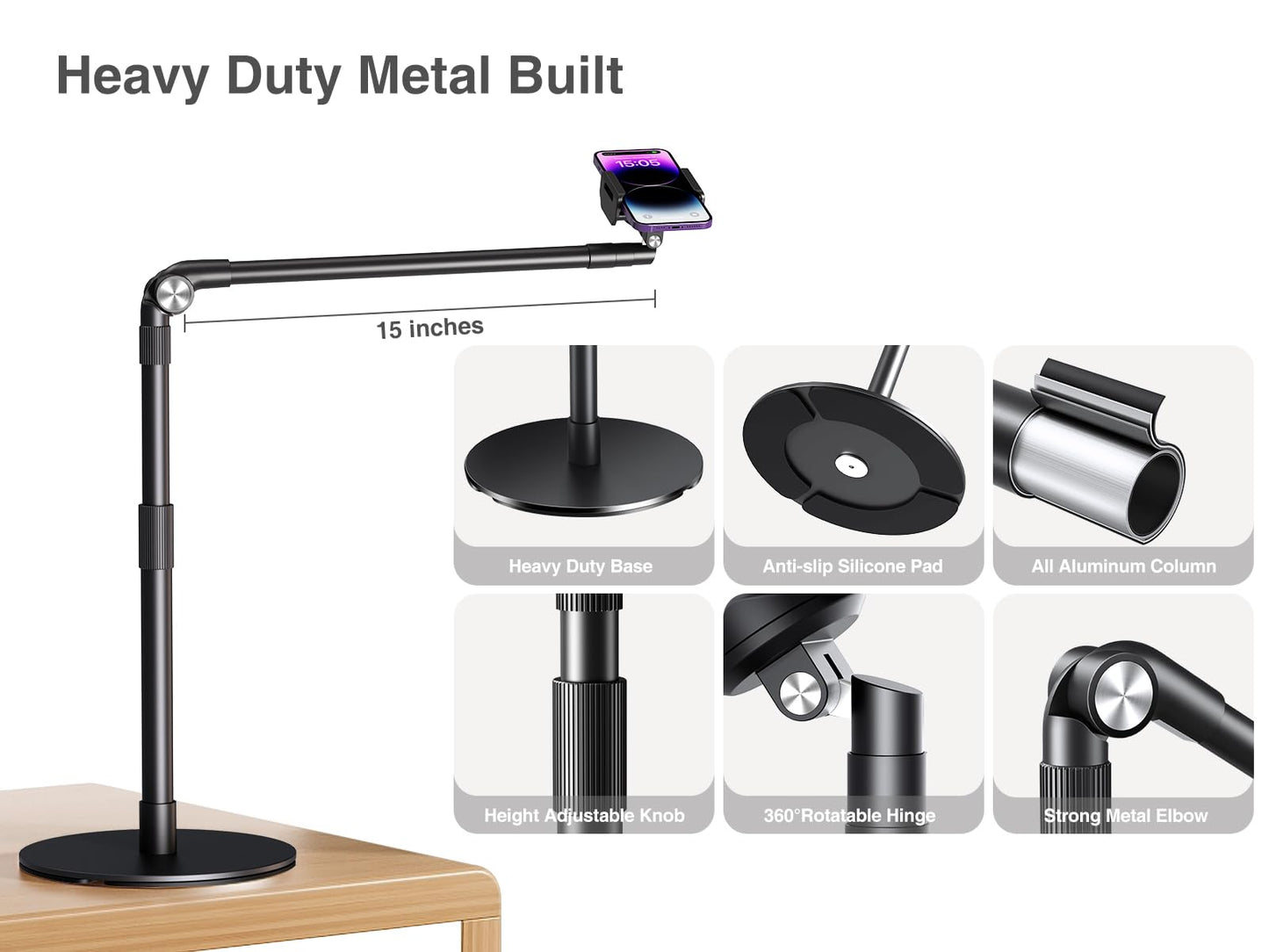 elitehood Heavy Duty Aluminum Overhead Phone Stand, 15 in Long Arm iPhone Holder for Video Recording, 360 Degrees Swivel Tilt Overhead Phone Mount for Filming, Meeting, Cooking, Painting and Crafting