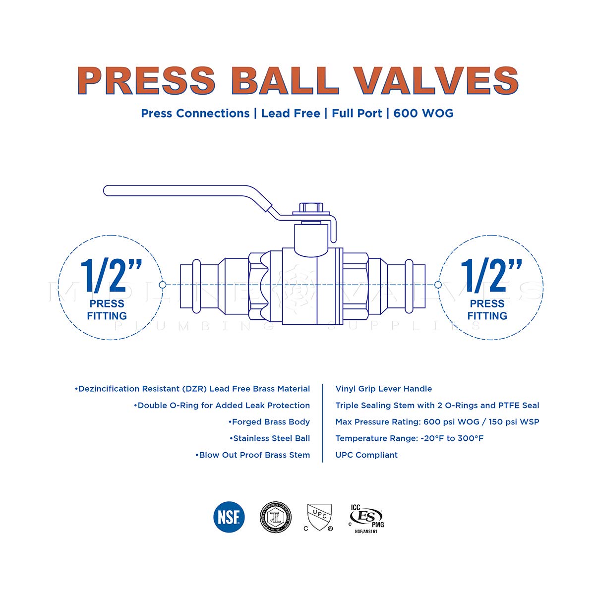 Midline Valve 532VLV012 Double-O-Ring Press Ball Valve, with 1/2 in. Connections, Full Port, Water Shutoff, Brass (Pack of 5)