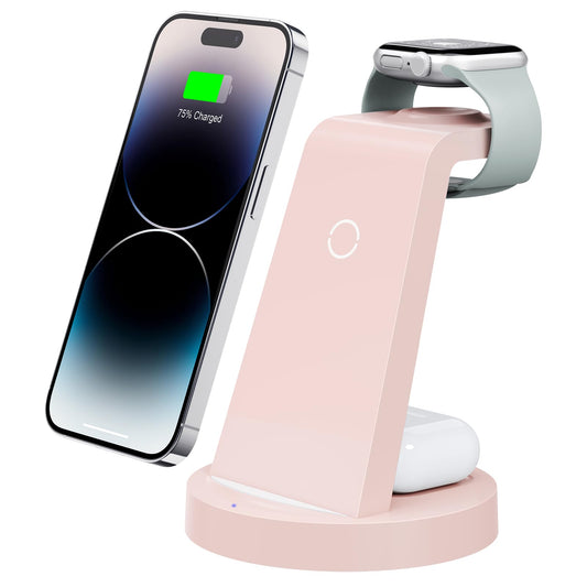 Anlmz 3 in 1 Charging Station for iPhone, Wireless Charger for iPhone 16 15 14 13 12 11 X Pro Max & Apple Watch - Charging Stand Dock for AirPods (Pink)