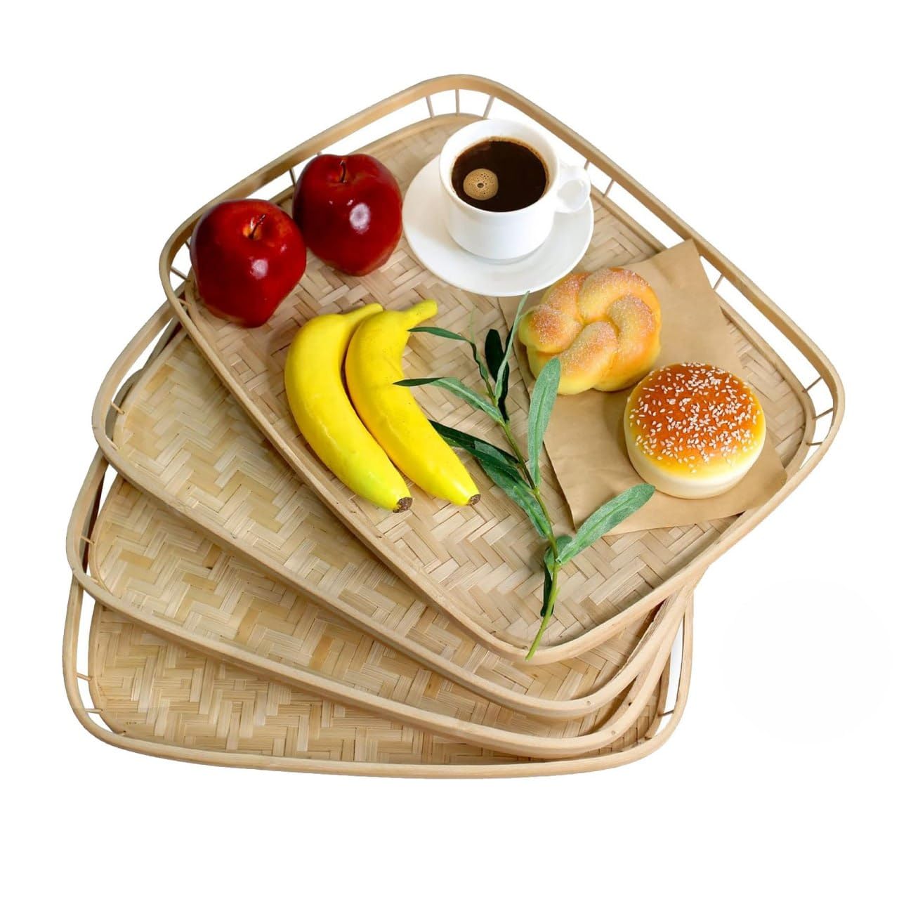 PEMAR Set of 4 Bamboo Wicker Serving Trays for Foods & Drinks, Rectangular Breakfast Lap Trays with Handles Wooden Decorative Platters for Coffee Table, Bed Eating