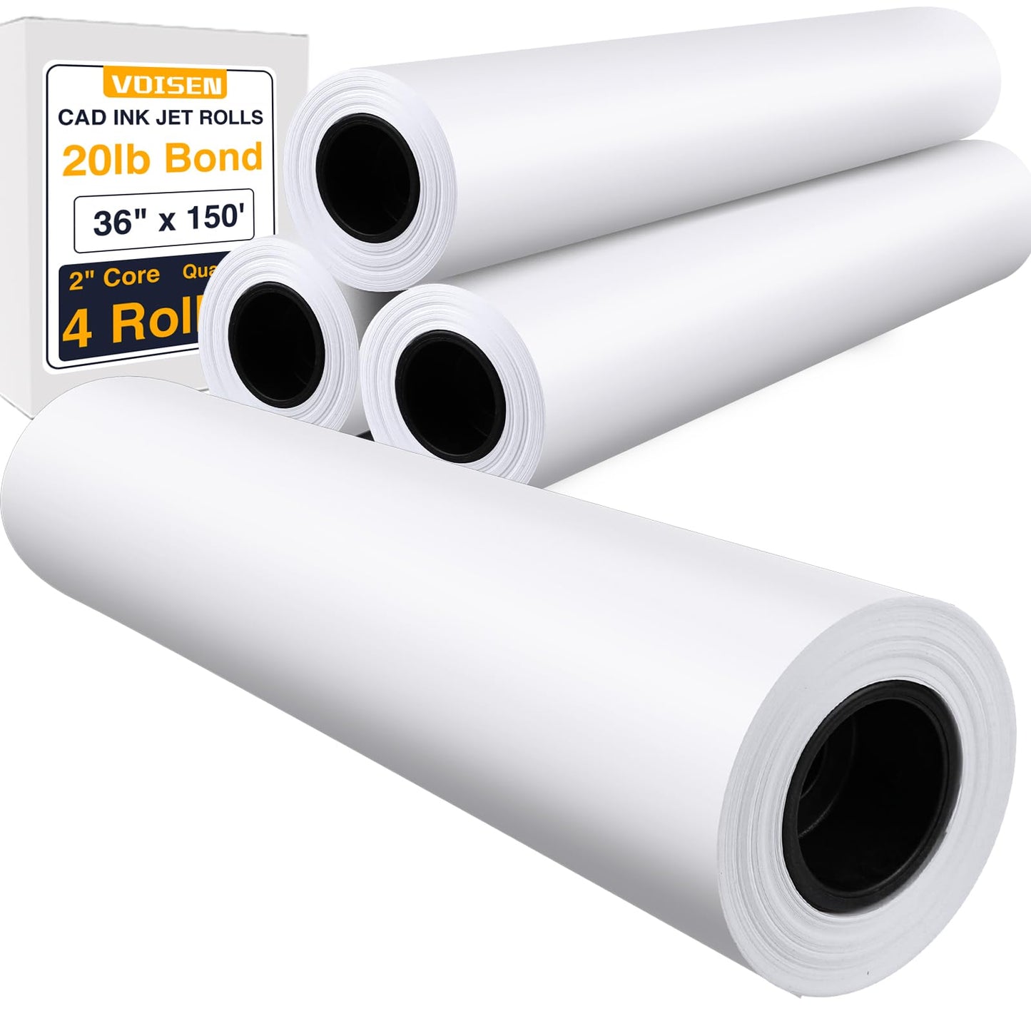 VOISEN Wide Format Paper,4 Rolls Plotter Paper 36 In x 150 Ft, CAD Bond Rolls,20lb,Bond Paper on 2" Core for CAD Printing on Wide Format Ink Jet Printers