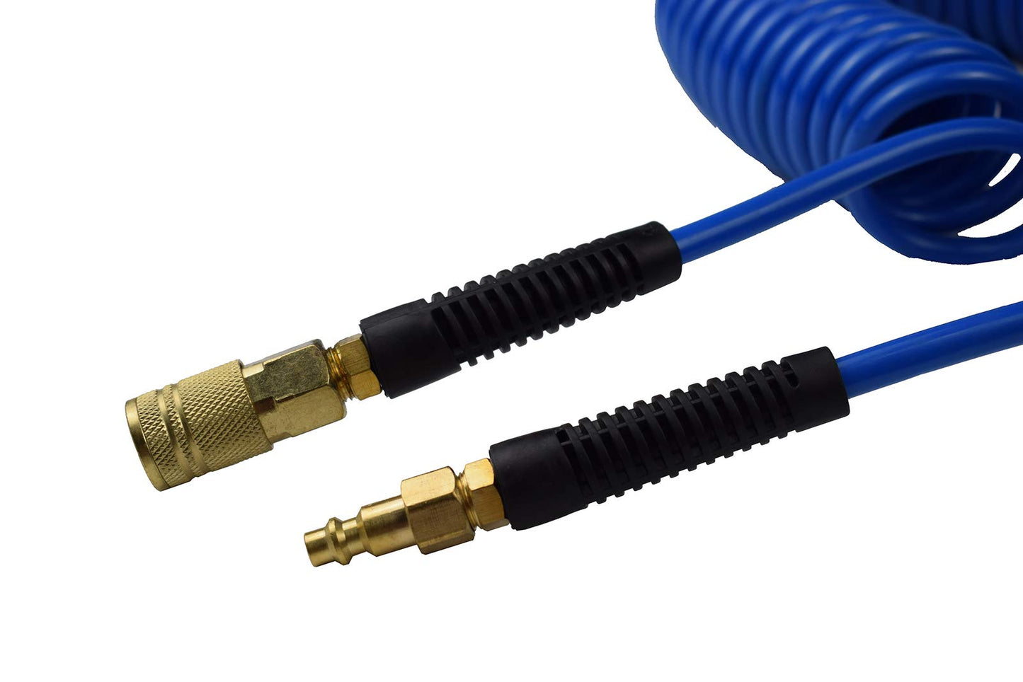 YOTOO 2 Pack Polyurethane Recoil Air Hose, Air Compressor Hose 1/4" Inner Diameter by 25' Long with Bend Restrictor, 1/4" Industrial Quick Coupler and Plug, Blue