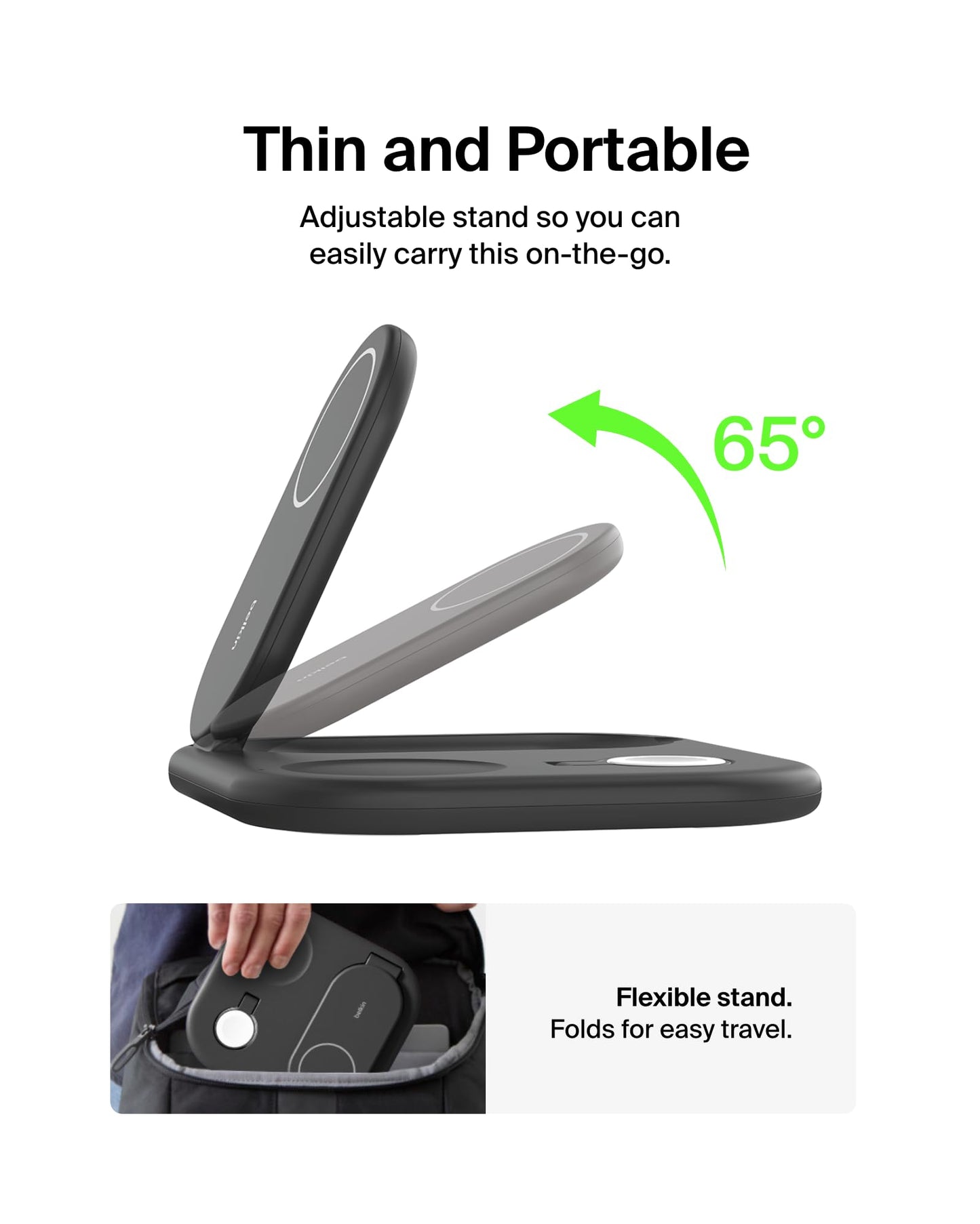 Belkin 3-in-1 MagSafe-Compatible iPhone Charger 15W, Foldable Magnetic Qi2-Certified Wireless Charging Station for iPhone 16, Apple Watch Series 10, AirPods 4, and More, w/Non-Slip Base & PSU - Black