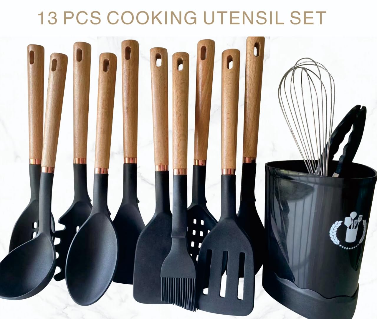Jiufei Home Silicone Cooking Utensils Set, Kitchen Utensils Set 13 Pcs for cooking, BPA Free Spatula Set with Heat Resistant Wood Handles for Nonstick Cookware (Black)