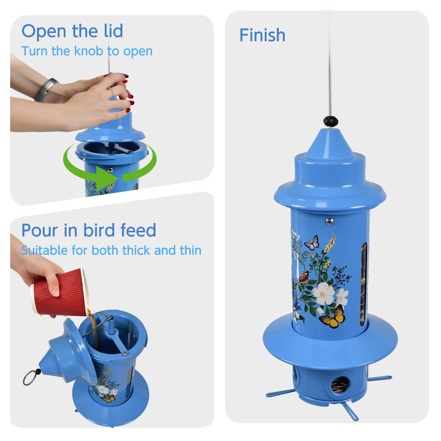 Pitoutfir Squirrel Proof Bird Feeders, Long Lasting Bird Feeder for Outdoors, Reliable and Rust Resistant Metal Station for Prevents Squirrels from Stealing Food,5LB Large Capacity (Blue Bird Feeder)
