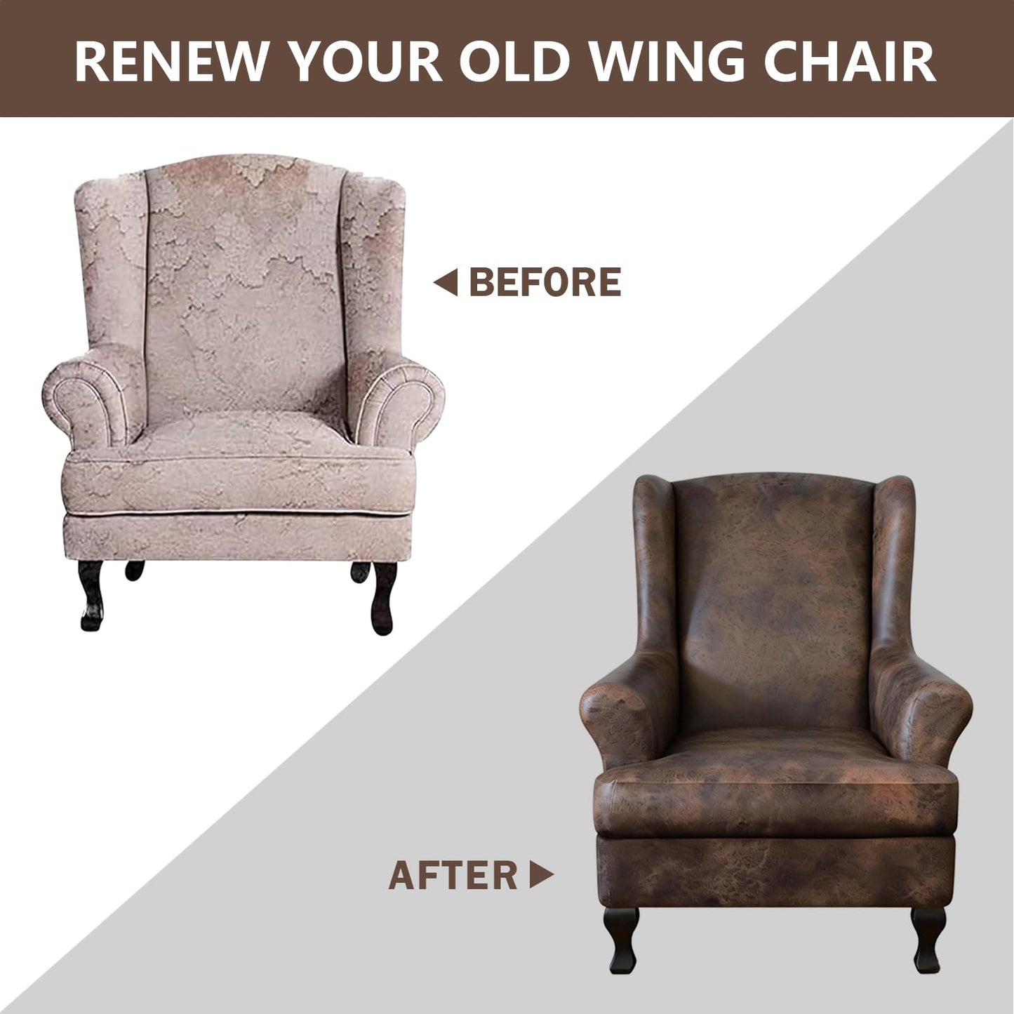 ANARACHON Leather Look Wingback Chair Covers, 2-Piece Wing Chair slipcover,Stretch Wing Back Armchair Slipcovers with Elastic Bottom, Soft Spandex FurnitureProtector for Living Room (Brown #2)