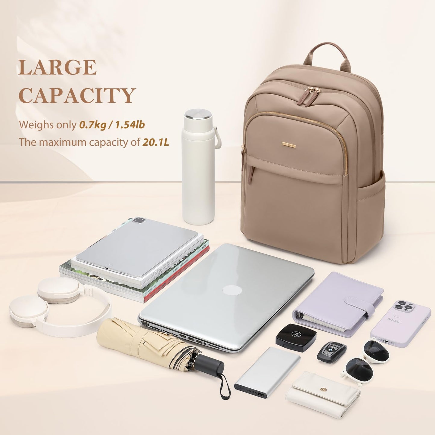 GOLF QUALITY Travel Backpack for Women Personal Carry On Bag Business Weekender Hiking Multilayer Laptop Bag,16 Inch,Champagne Brown