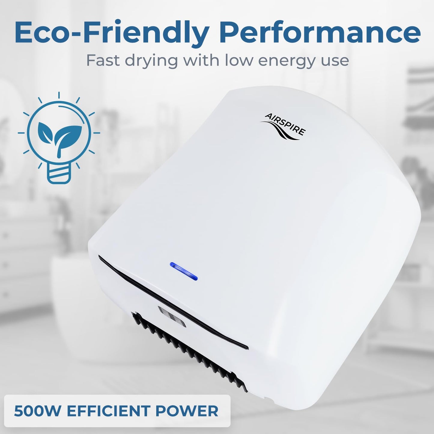AIRSPIRE Electric Hand Dryer for Commercial Bathrooms & Home Use (110-120V) - Energy Efficient 1100W Automatic Hand Dryer - HEPA Air Filtration & UV Protection - Wall Mounted, 78 dB - Warm Air (White)
