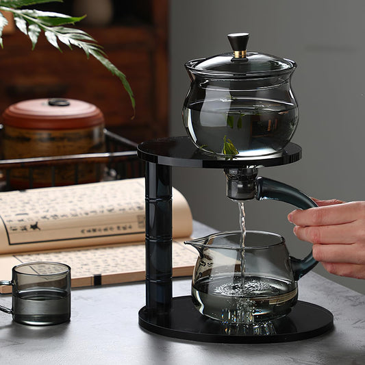 Lazy Kungfu Drip TeaPot, Heat Resistant Tea Set, Semi-Automatic Glass Teapot Suit for Magnetic Water Flow Wooden Glass Teapot Set (Bamboo Glass handle)