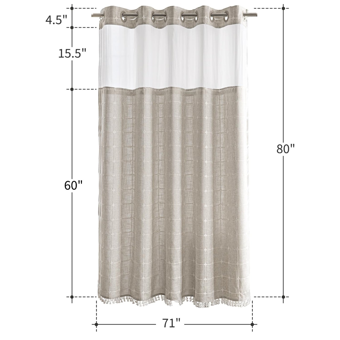 Farmhouse Shower Curtain with Snap-in Liner,No Hooks Needed, Fabric Shower Curtains with Tassels for Rustic Bathroom Decor,with Window,with Magnets,Water Repellent&Machine Washable,Linen,71x80Inch