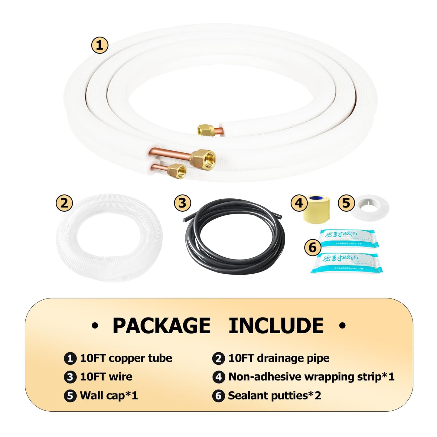 RUNZEG 10FT Mini Split Line Set 1/4" & 3/8" O.D Copper Pipes Tubing with Nuts & Installation Kit, 3/8" White Thickened PE Insulation Coil for Air Conditioning or Heating Pump Equipment & HVAC