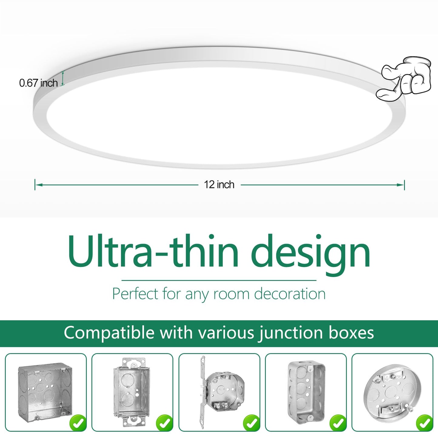 Brightever 12 Inch LED Ceiling Light Flush Mount, 24W 3200LM 0.67 Inch Thickness Close to Ceiling Light Fixtures, 2700K/3000K/4000K/5000K/6500K Color Selectable Light Fixtures Ceiling Mount, 6 Packs