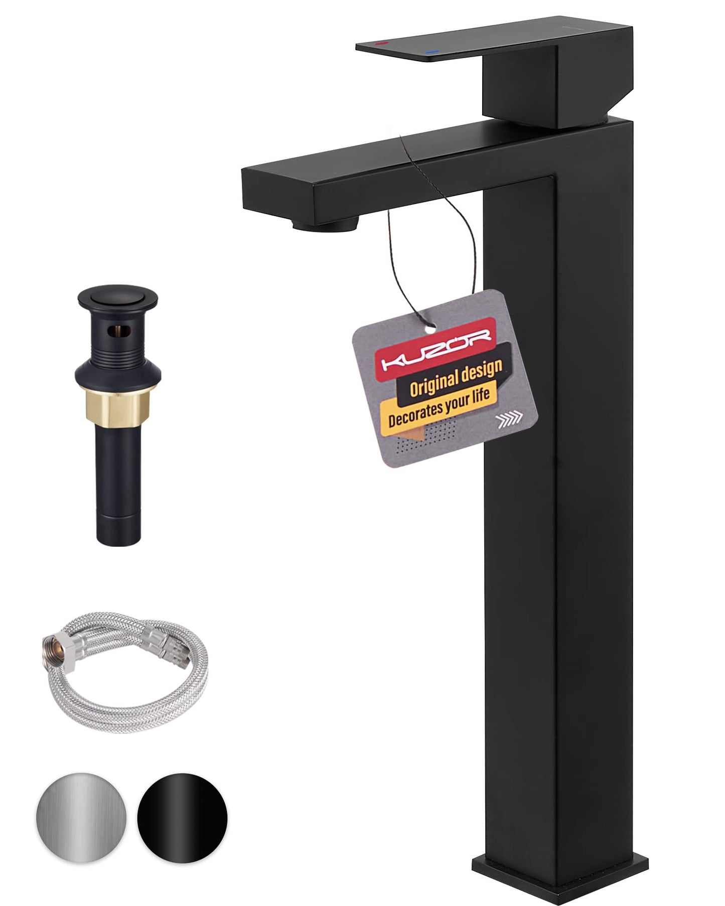 KUZOR 1PC Vessel Sink Faucet 304 Stainless Steel, Tall Bathroom Faucet 1 Hole 5-Minutes Installation - for Bathroom/Vanity/Bowl Sink - 12.5 Inch Height, 37.8 Oz Weight - Matte Black