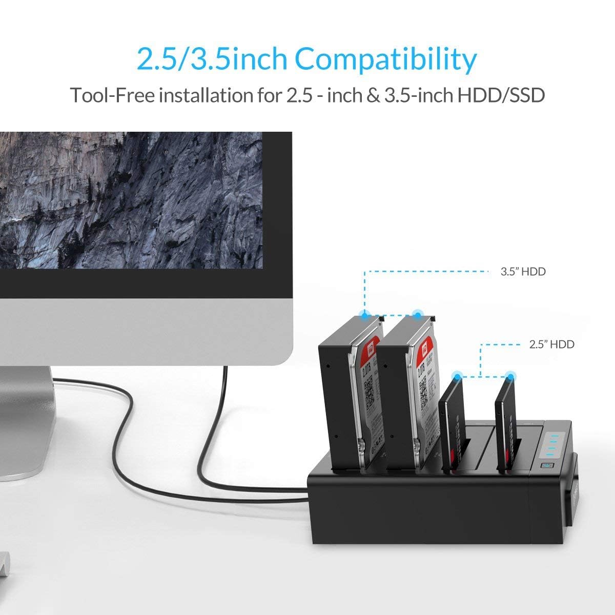 ORICO 4 Bay External Hard Drive Docking Station USB 3.2 Gen 1 to SATA I/II/III for 2.5''/3.5'' HDD SSD with Hard Drive Duplicator/Cloner Function Support UASP [4 x 20TB]-6648US3