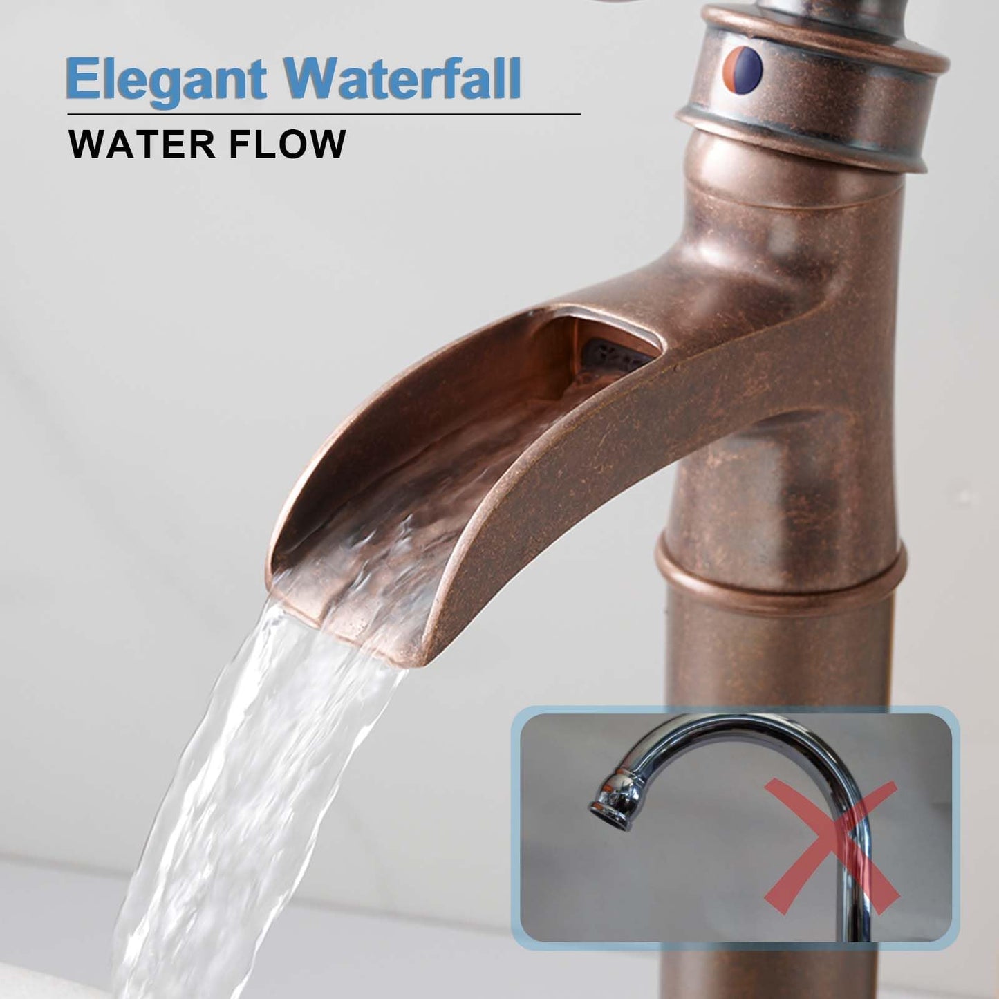 Vessel Sink Faucet Copper Tall Bathroom Faucets Waterfall Single Handle 1 Hole Farmhouse Antique with Pop up Drain Assembly and Supply Lines Mixer Tap Without Overflow Counter Top