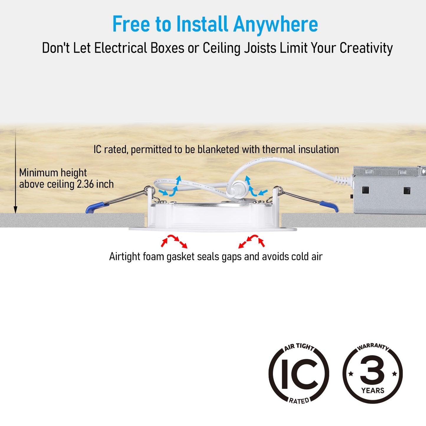 TORCHSTAR 8-Pack 5CCT 4 Inch Slim LED Recessed Lighting with J Box, Anti-Glare Baffle Trim, CRI90 Dimmable Aluminum Ceiling Downlight, Air Tight & IC Rated, 27003000350040005000K Selectable, ETL & ES