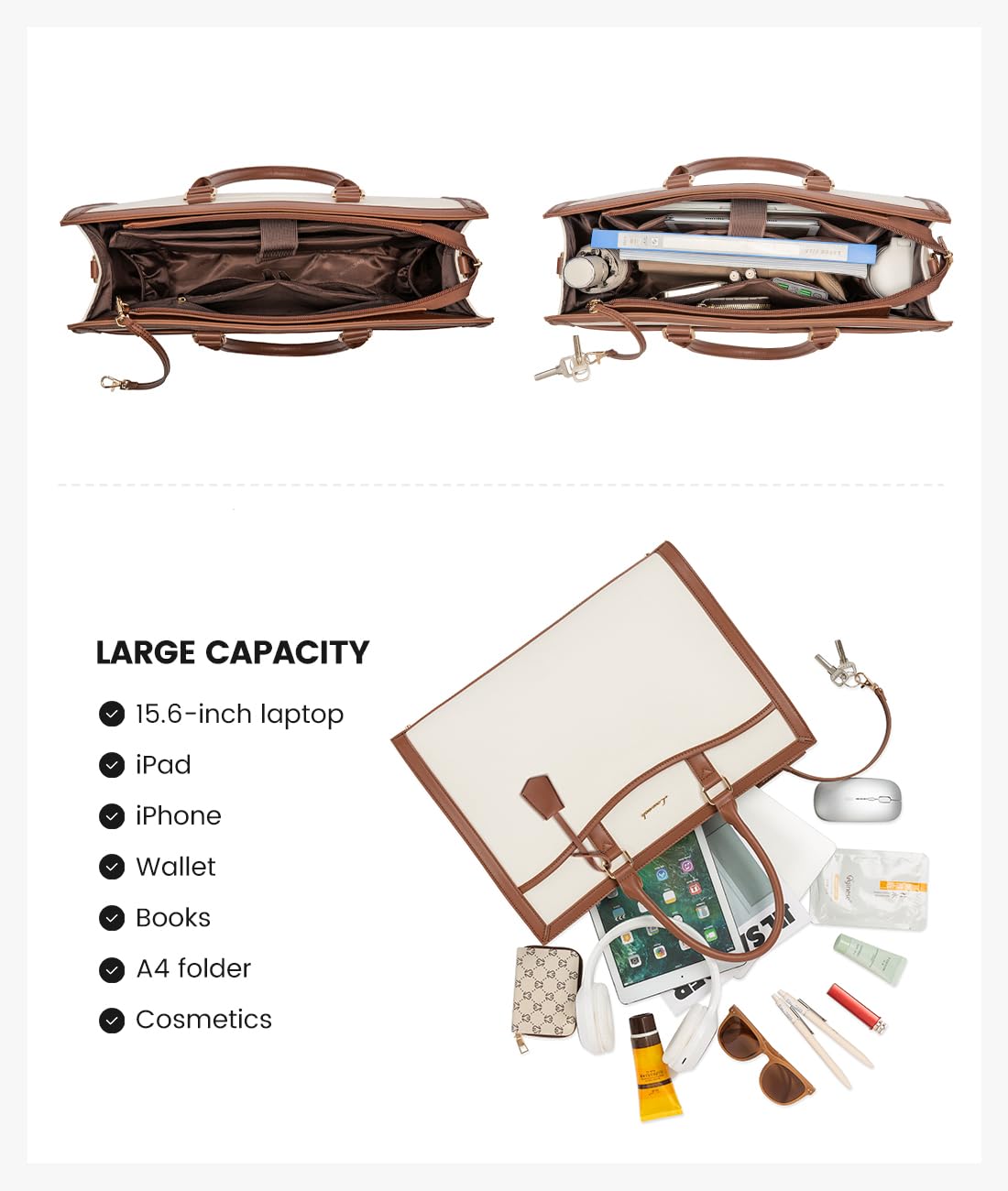 LOVEVOOK Laptop Tote Bag for Women, 15.6 inch Lightweight Canvas Office Work Bag Briefcase, Large Capacity Teacher Computer Bag Handbag for Travel Business,2pcs Set Canvas/Beige-Brown