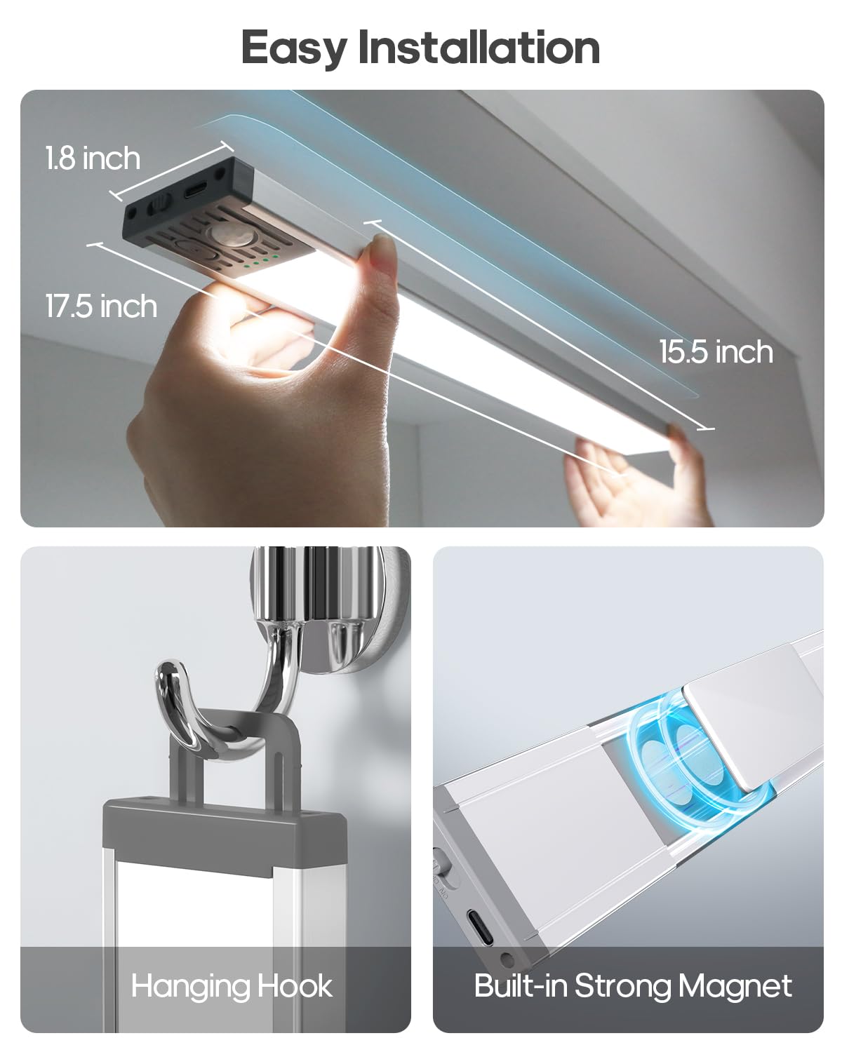 GOODEA 17.5Inch Under Cabinet Lighting, 4500mAh Rechargeable Battery Motion Sensor Light Indoor, Wireless Under Cabinet Lights for Kitchen, Closet(4 Pack,17.5inch)