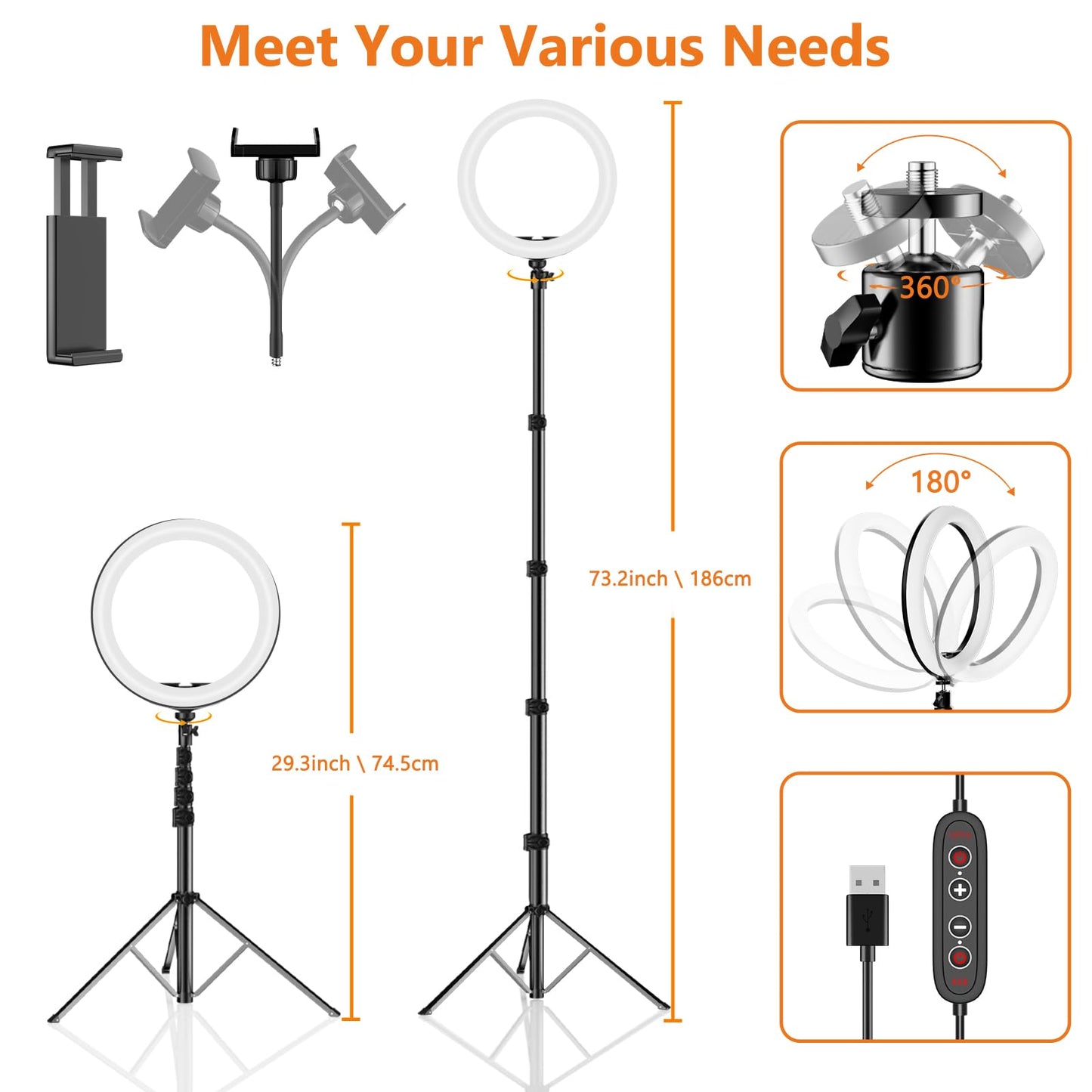 PEYOU 12" Selfie Ring Light with 73" Extendable Tripod Stand with 【Desk Ring Light 】 38 Color Modes, Upgrade 3 in 1 Dimmable Adjustable Speed Ring Light for Makeup/Live Stream/Photograph
