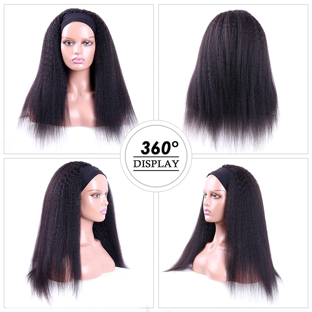 Vanmast Headband Wigs Human Hair 180% Density 12A Kinky Straight Human Hair Headband Wigs For Black Women Yaki Straight Human Hair Wigs With Headband Attached Half Wig Natural Black Color 24 Inch
