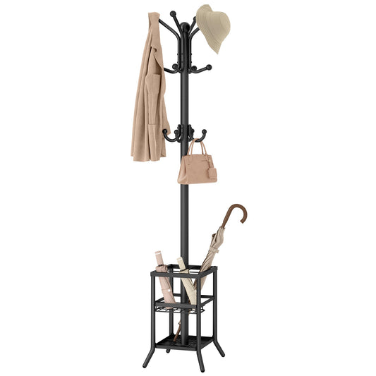 FAVOOSTY Coat Rack Freestanding,Coat Rack Stand with Umbrella Holder,Metal Coat Tree with 12 Hooks,Tree Clothes Hat for Entryway, Hallway, Bedroom, Living Room & Office -Black