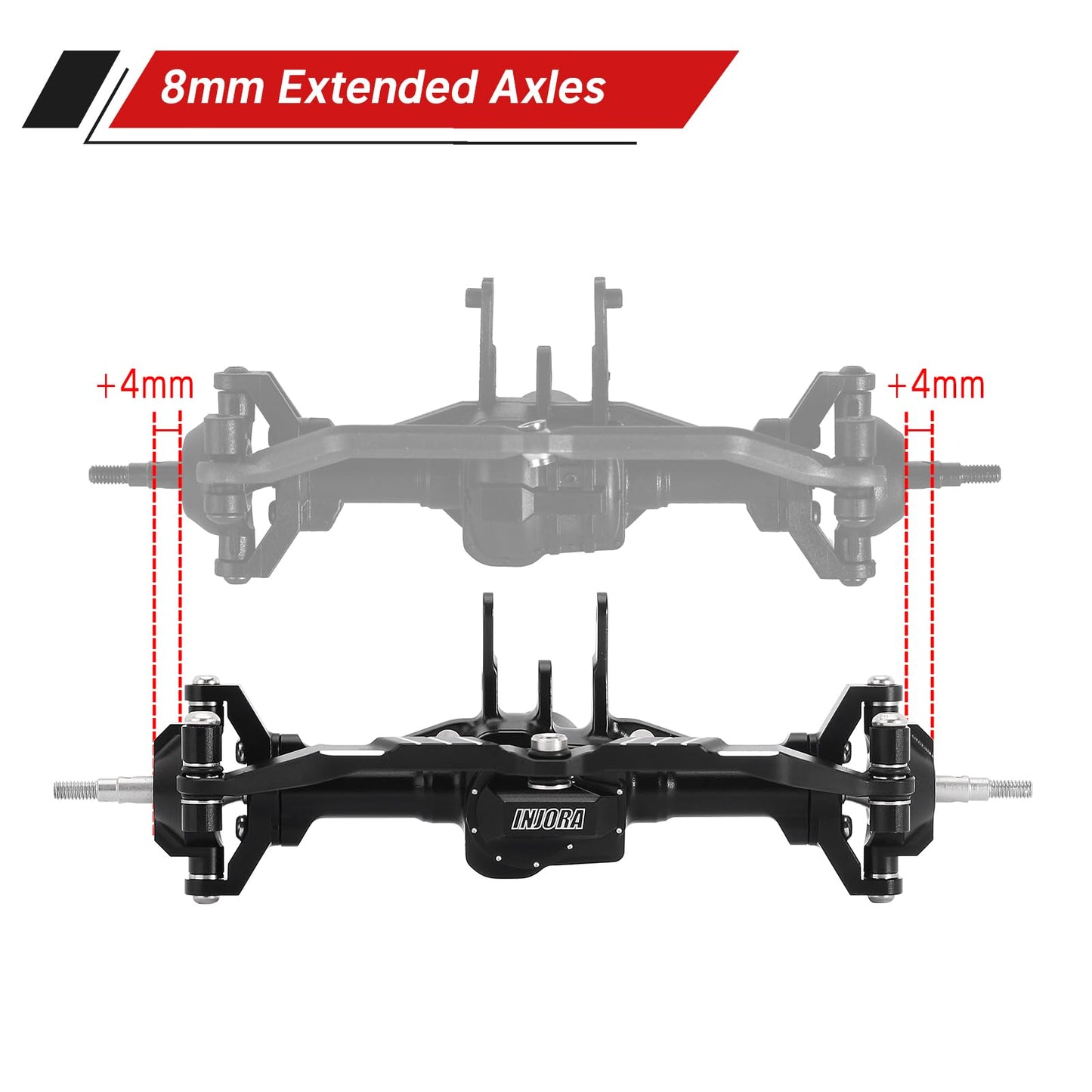 INJORA Front&Rear Axles Set - +4mm Extended Aluminum Complete Axles for TRX4M Upgrade 1/18 RC Crawler Car