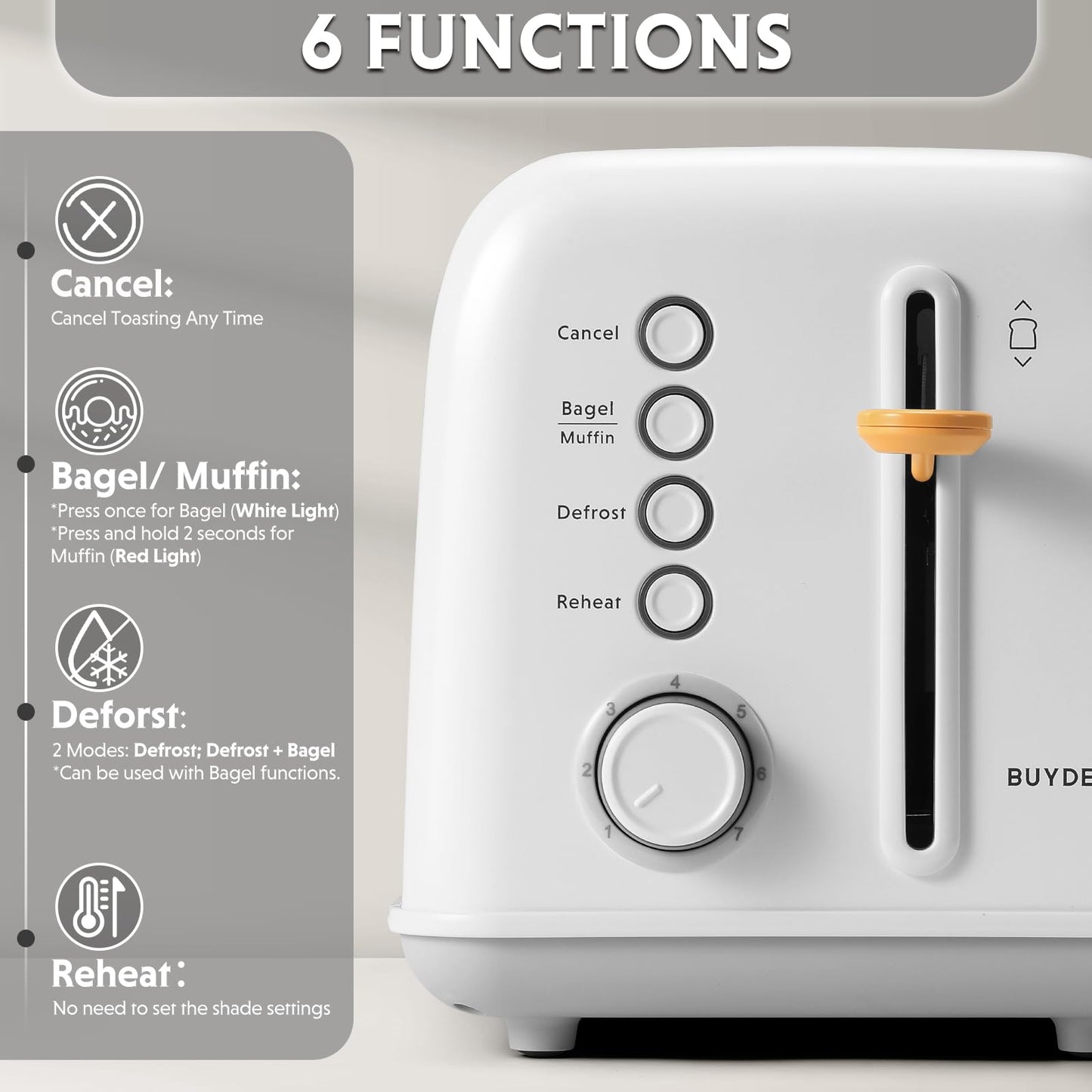 BUYDEEM DT620 2-Slice Toaster, 7 Shade Settings, Extra Wide 1.5'' Slots for Bagel & English Muffin, 6 Toasting Functions, Retro Stainless Steel Toaster with High Lift Lever, Arctic White